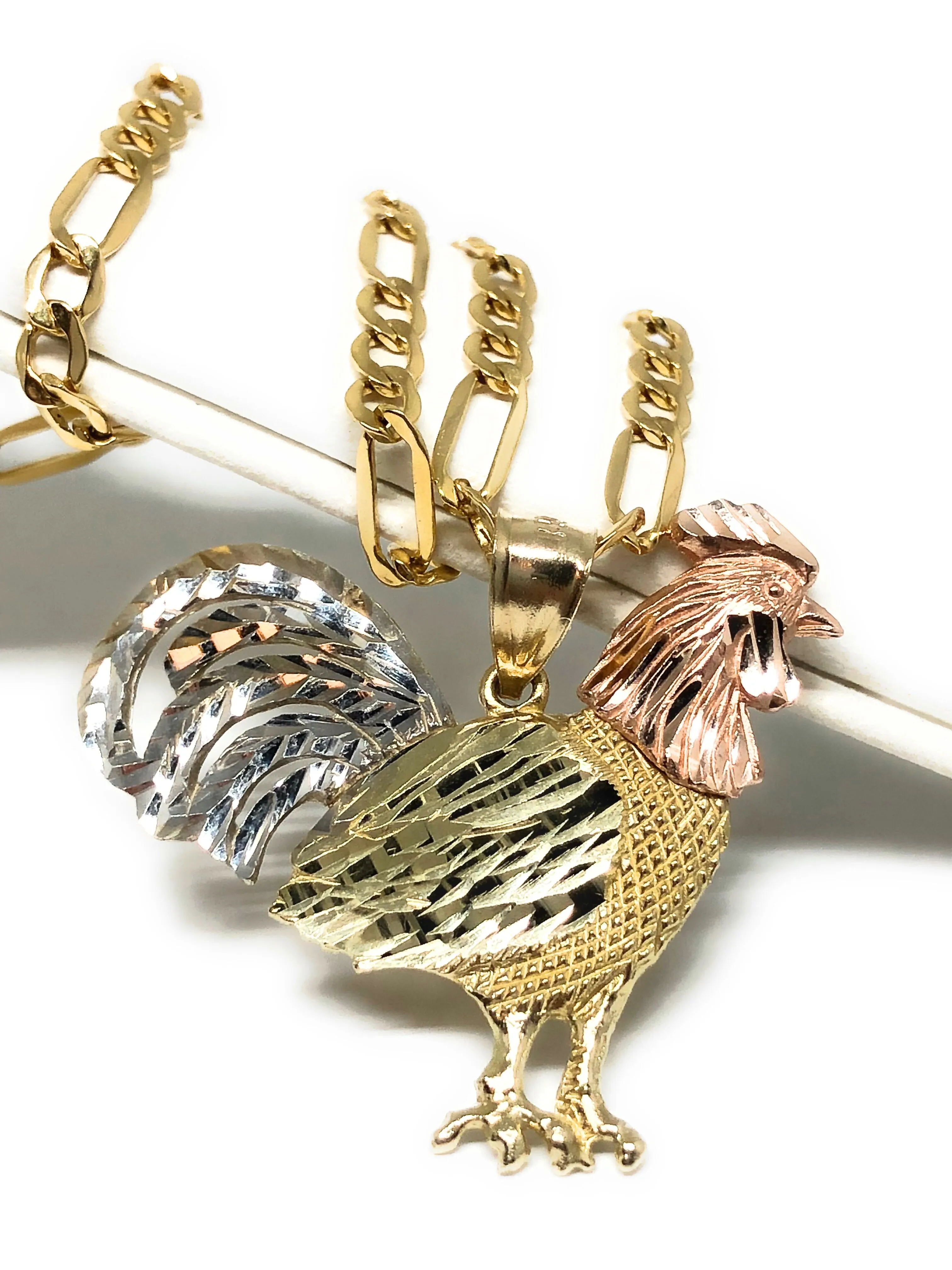 10k Solid Gold Tri-Color Rooster Pendant Necklace with 2.5mm Figaro Chain Optional