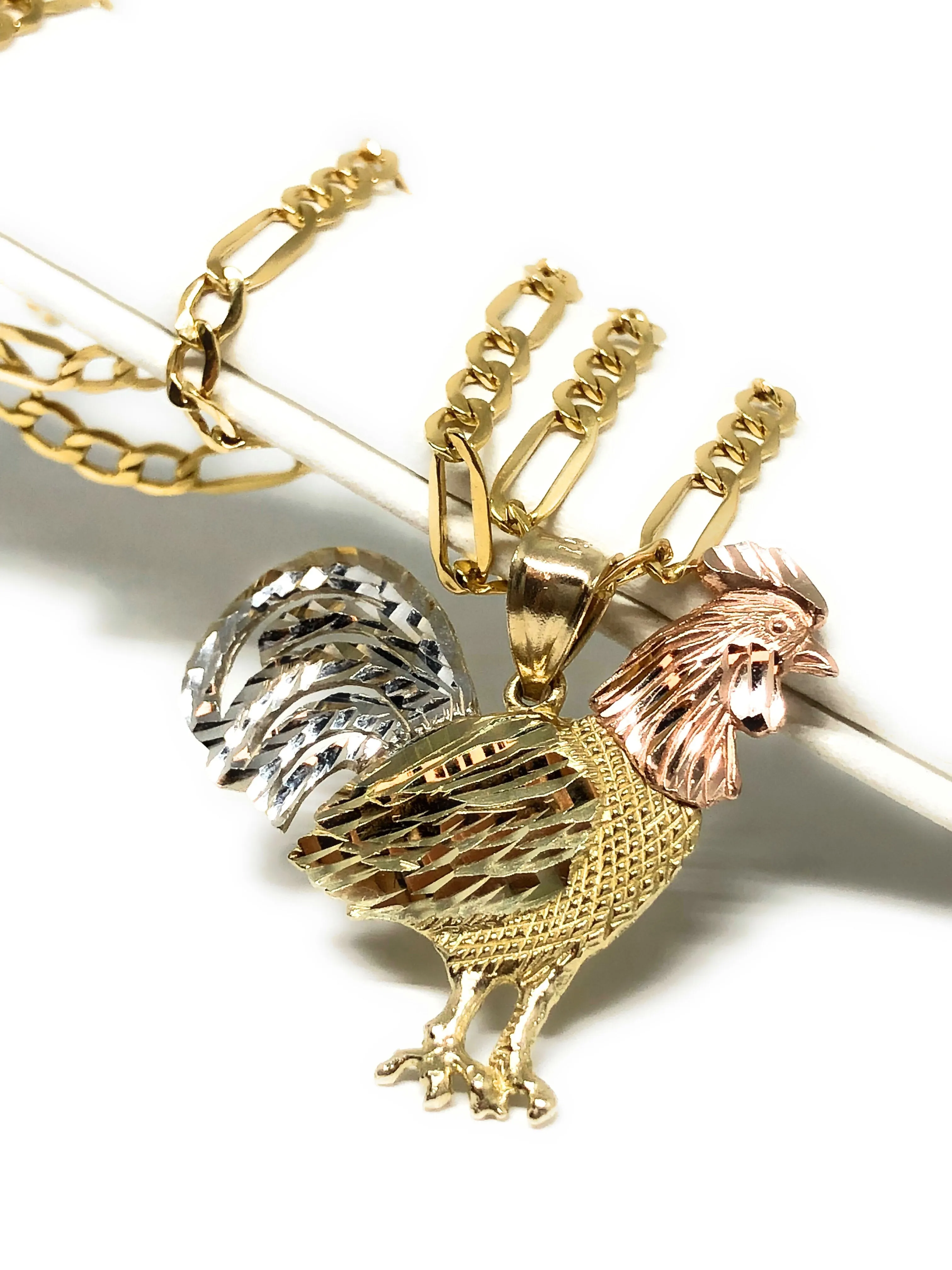 10k Solid Gold Tri-Color Rooster Pendant Necklace with 2.5mm Figaro Chain Optional