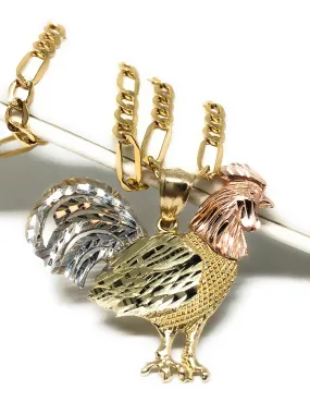 10k Solid Gold Tri-Color Rooster Pendant Necklace with 2.5mm Figaro Chain Optional