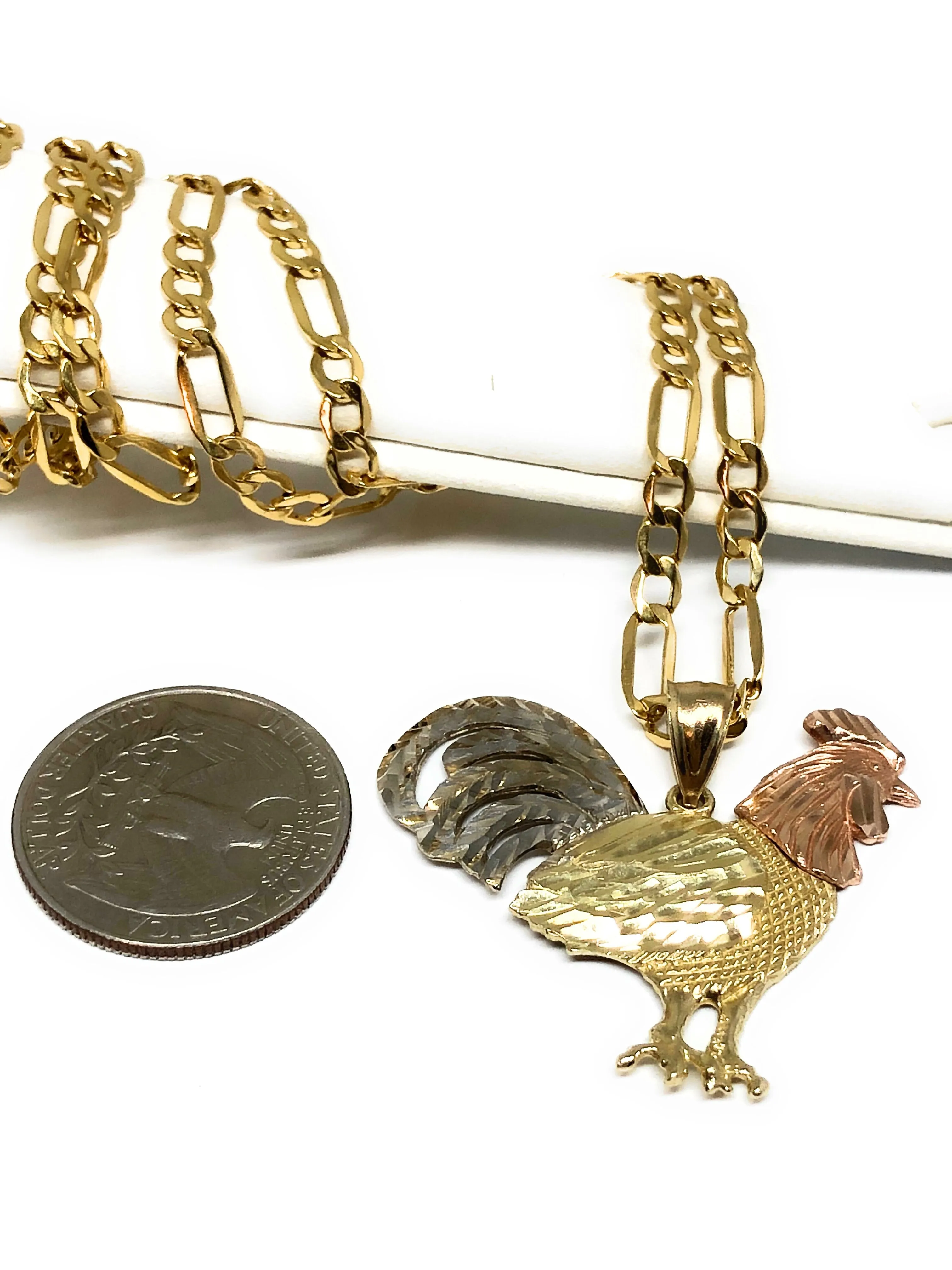 10k Solid Gold Tri-Color Rooster Pendant Necklace with 2.5mm Figaro Chain Optional