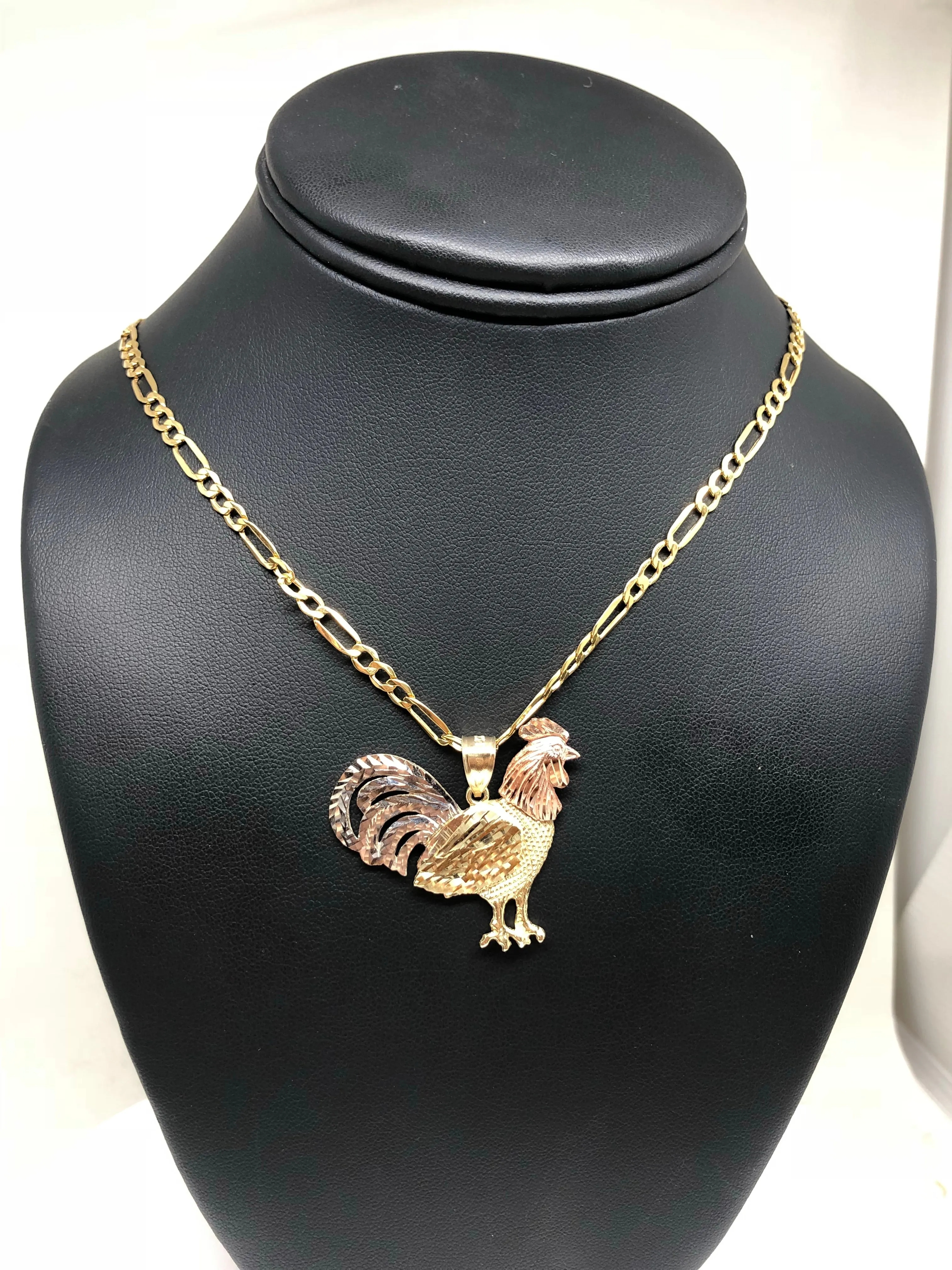 10k Solid Gold Tri-Color Rooster Pendant Necklace with 2.5mm Figaro Chain Optional