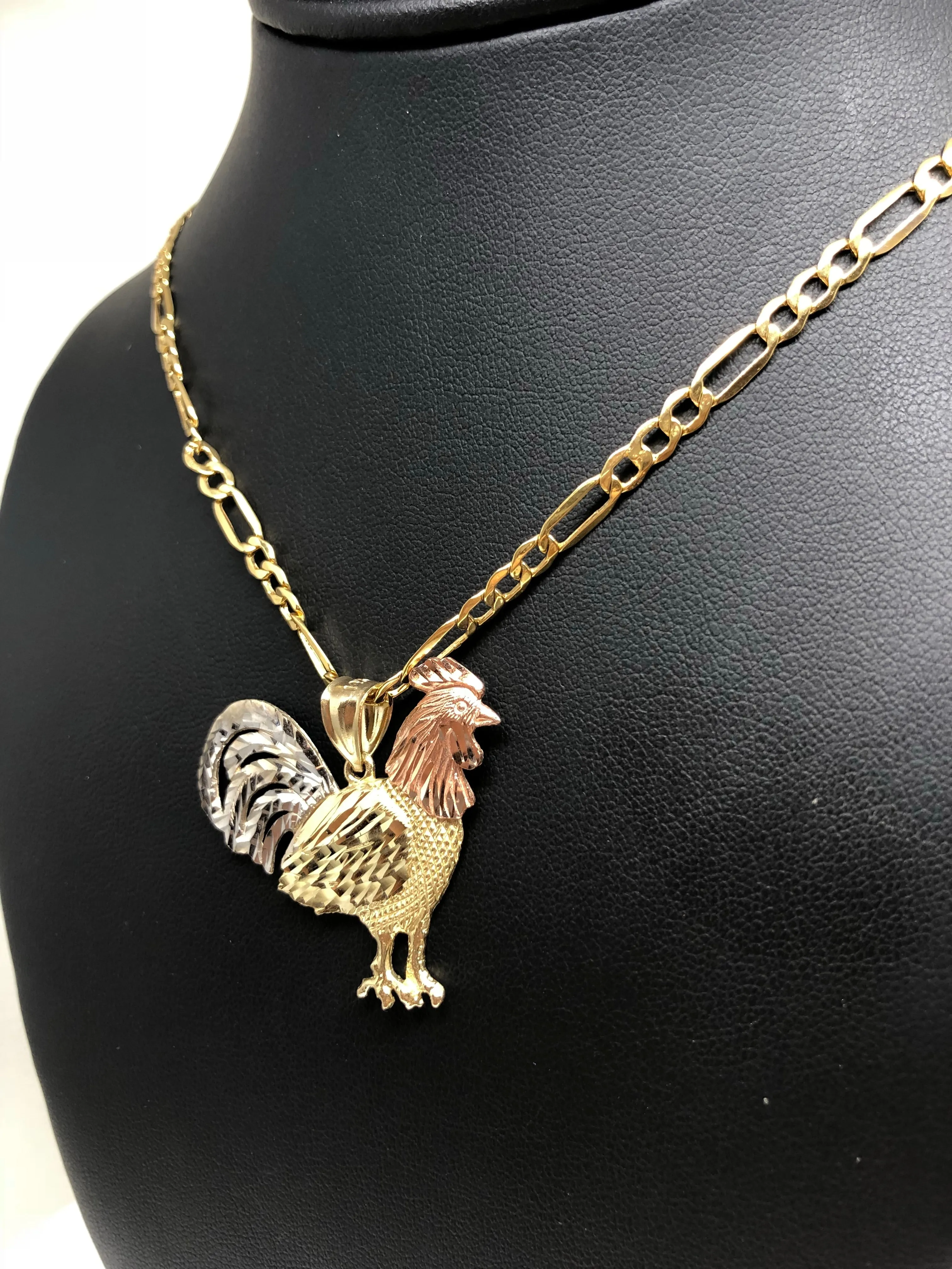 10k Solid Gold Tri-Color Rooster Pendant Necklace with 2.5mm Figaro Chain Optional