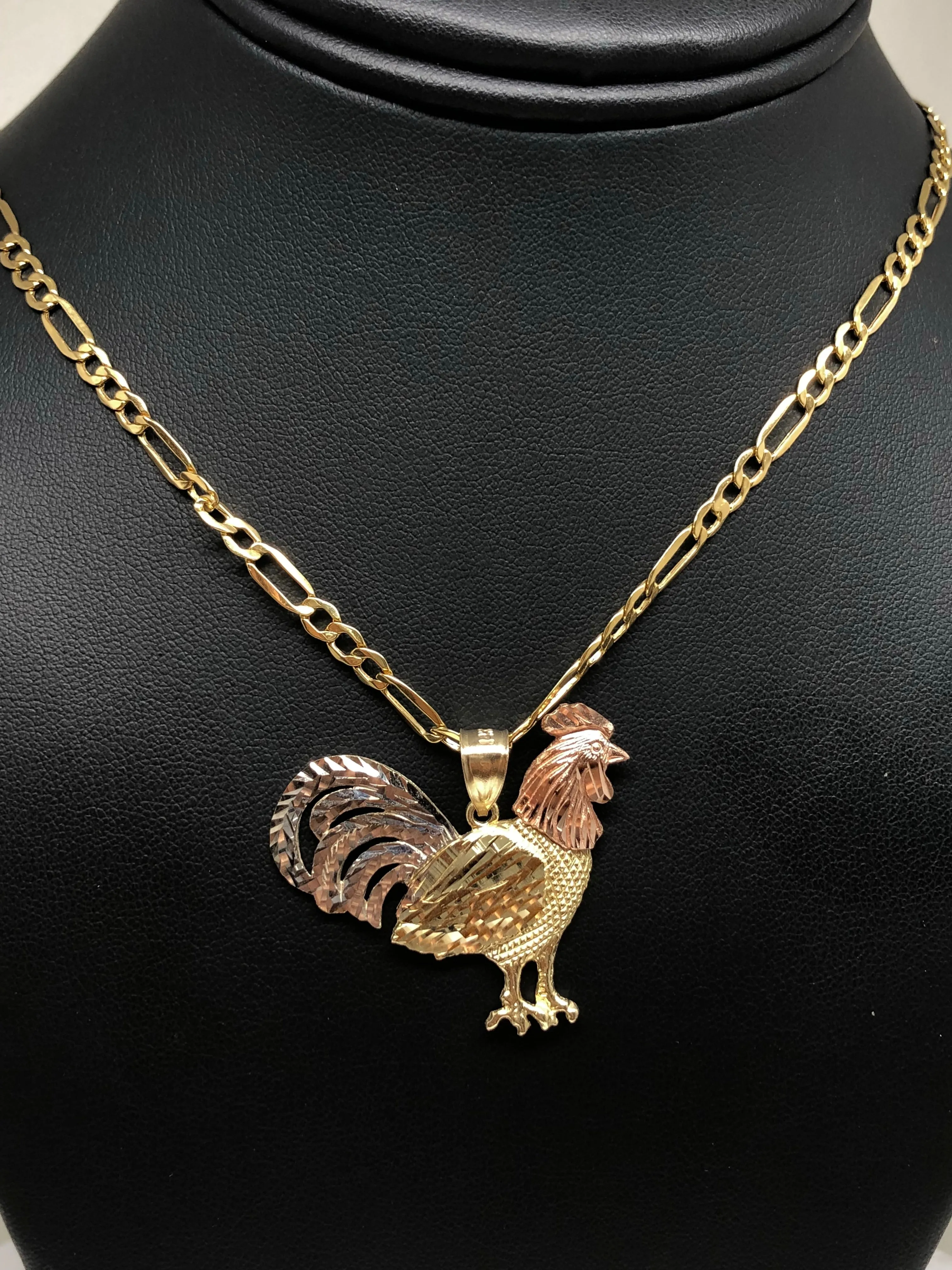 10k Solid Gold Tri-Color Rooster Pendant Necklace with 2.5mm Figaro Chain Optional