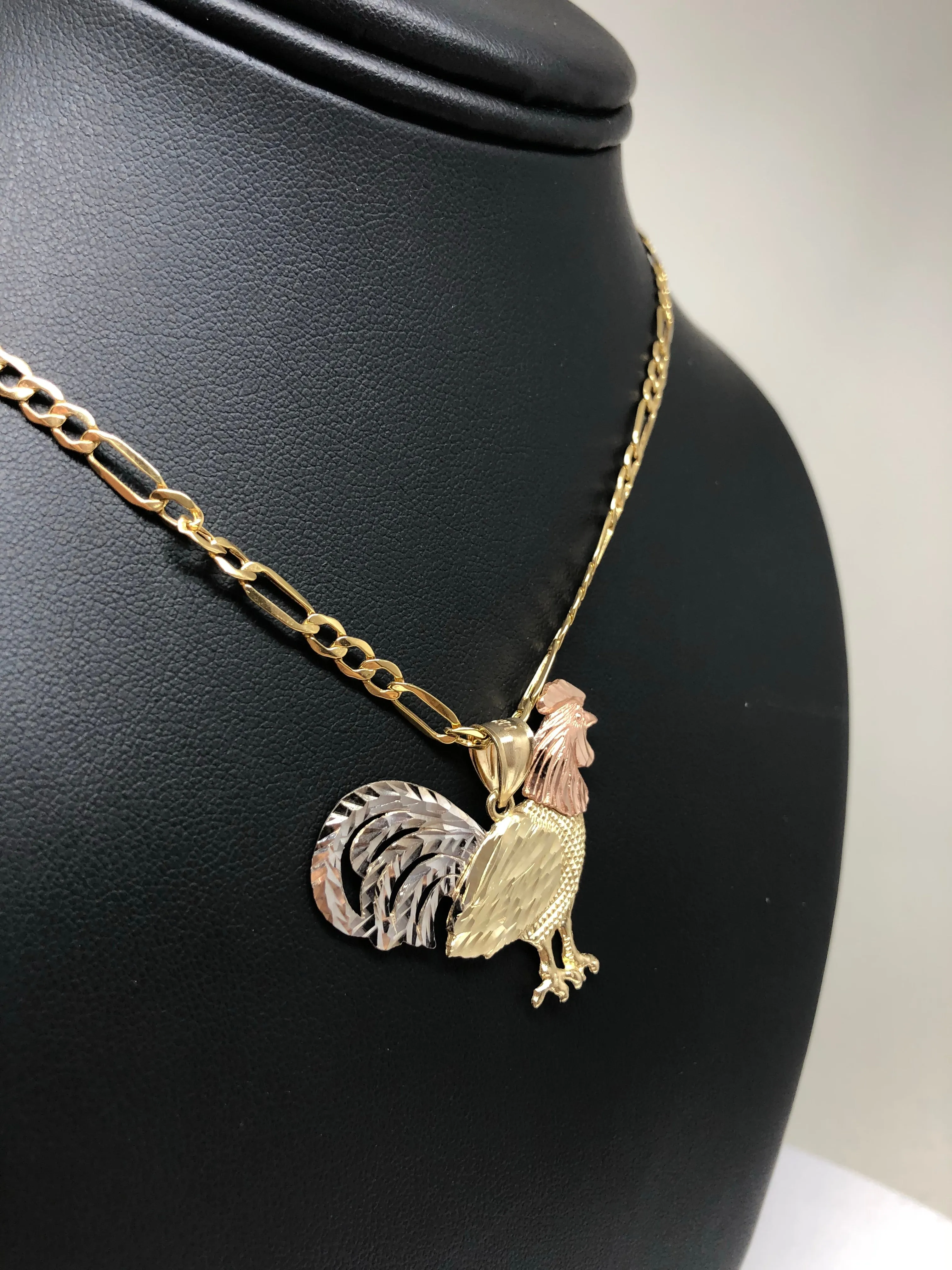 10k Solid Gold Tri-Color Rooster Pendant Necklace with 2.5mm Figaro Chain Optional