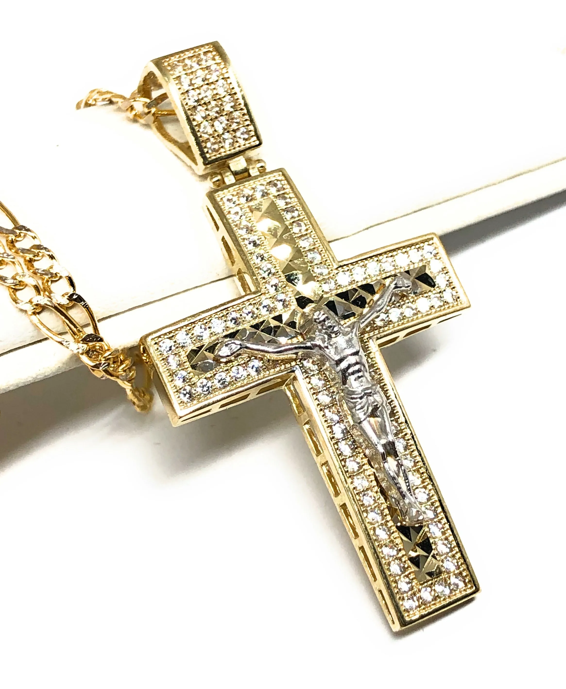 10k Solid Gold Yellow 2-Tone Jesus Cross Crucifix CZ Pendant Necklace