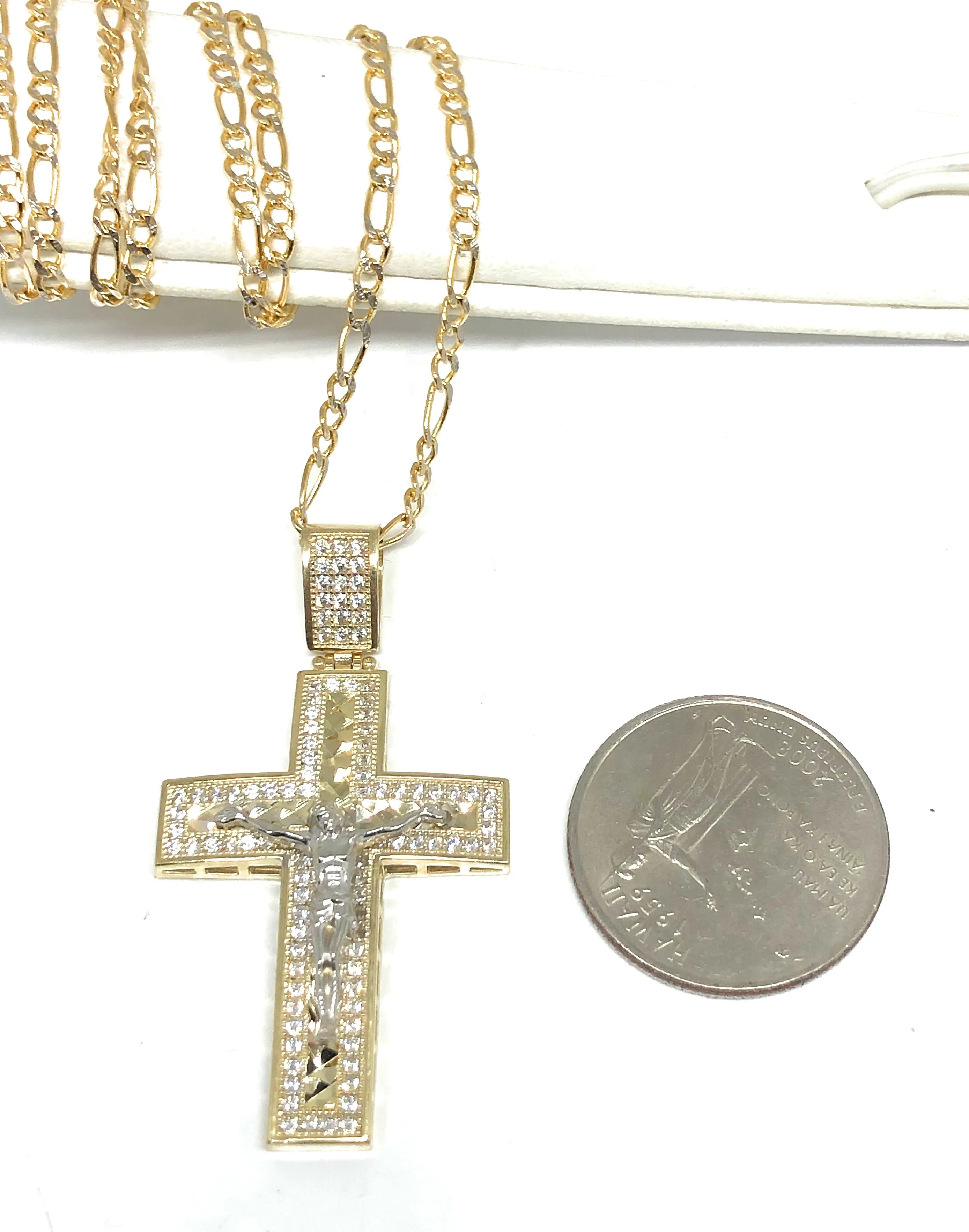 10k Solid Gold Yellow 2-Tone Jesus Cross Crucifix CZ Pendant Necklace