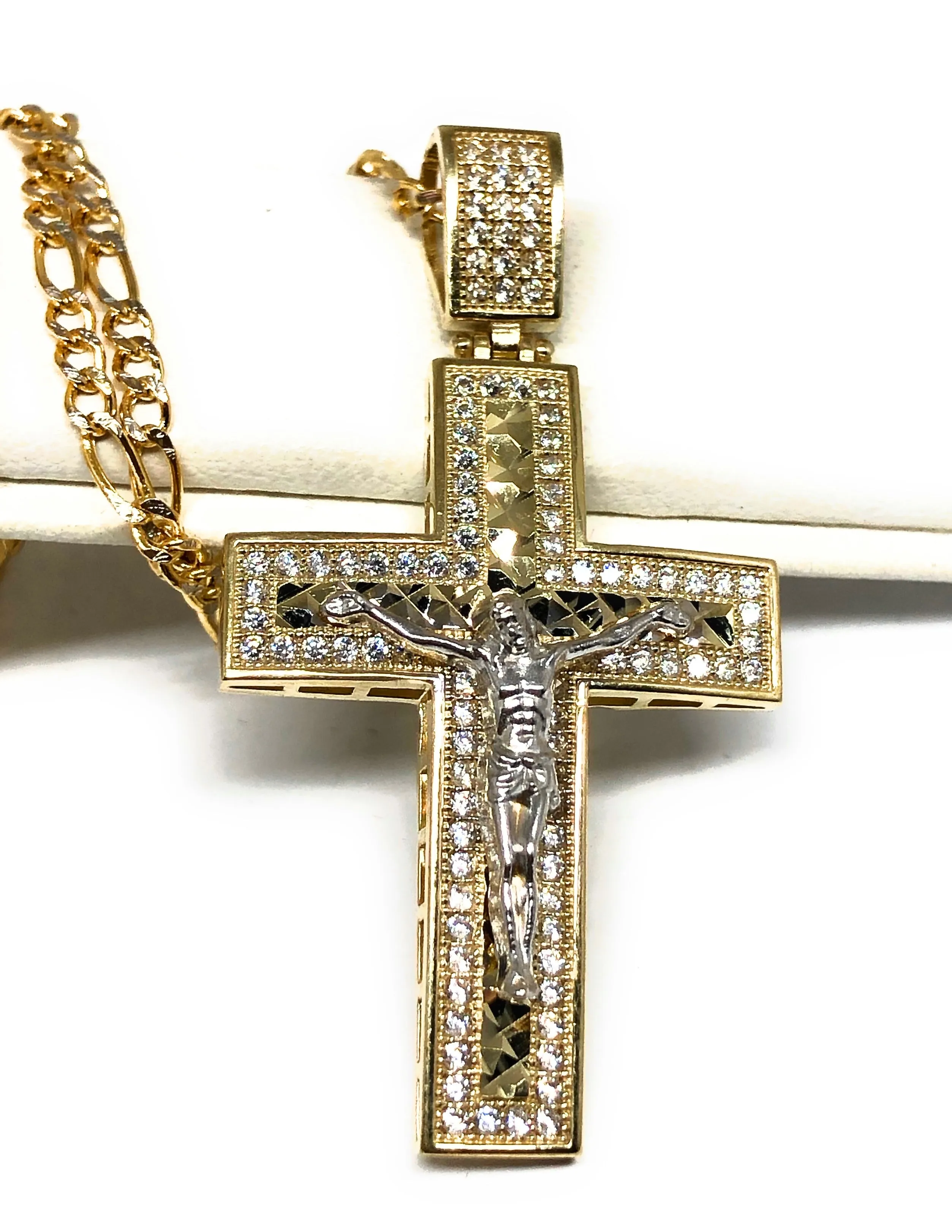 10k Solid Gold Yellow 2-Tone Jesus Cross Crucifix CZ Pendant Necklace