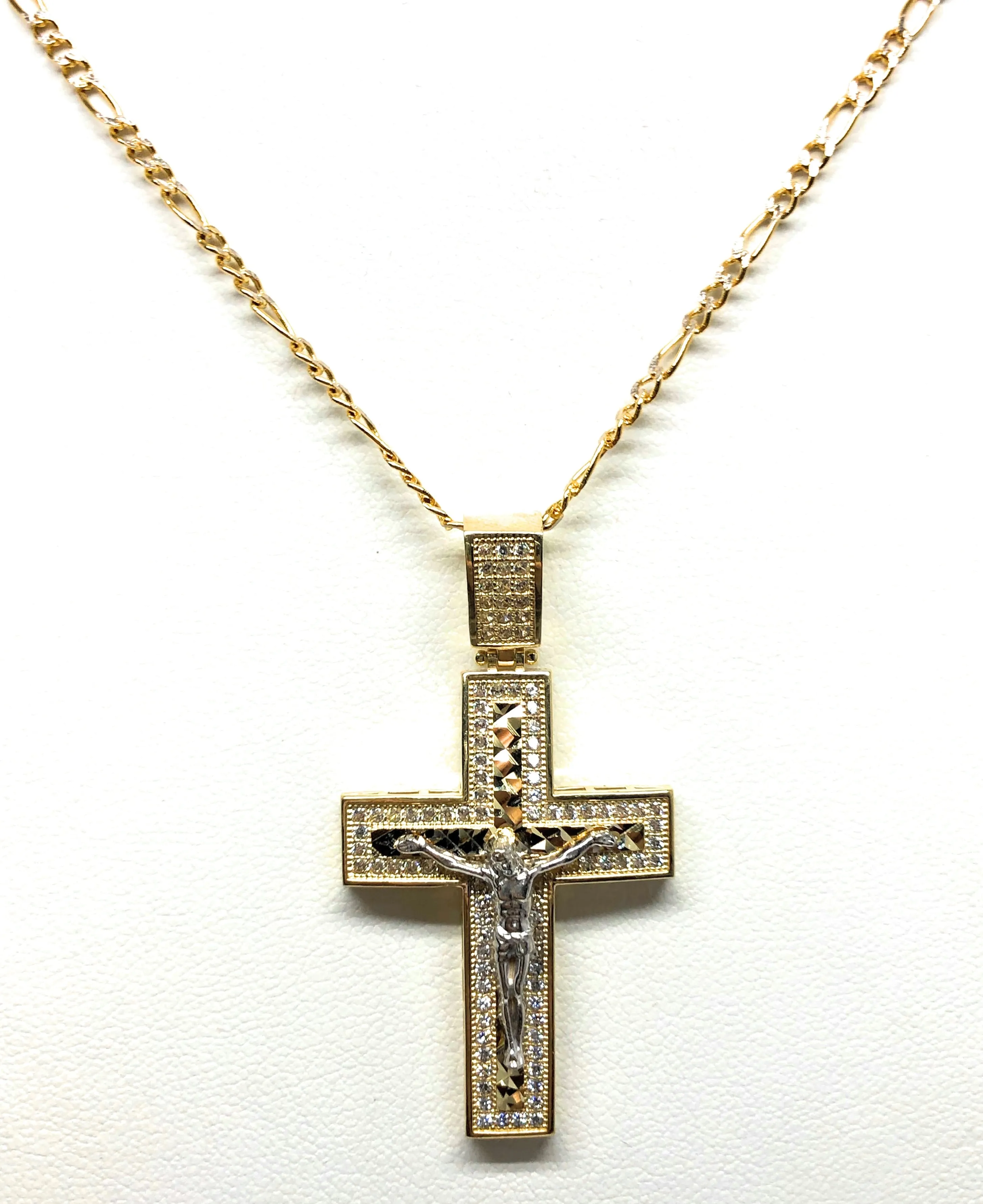 10k Solid Gold Yellow 2-Tone Jesus Cross Crucifix CZ Pendant Necklace