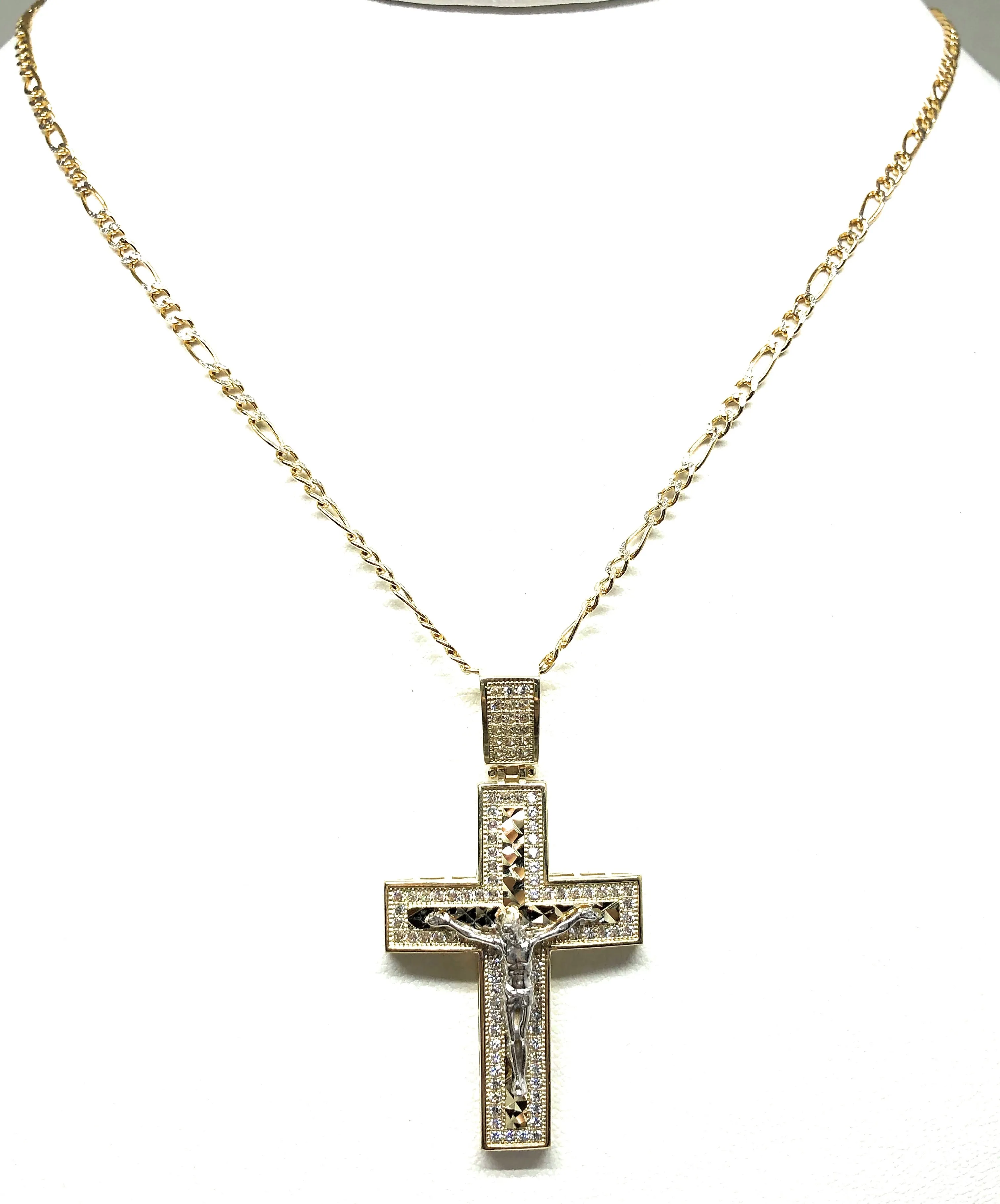 10k Solid Gold Yellow 2-Tone Jesus Cross Crucifix CZ Pendant Necklace