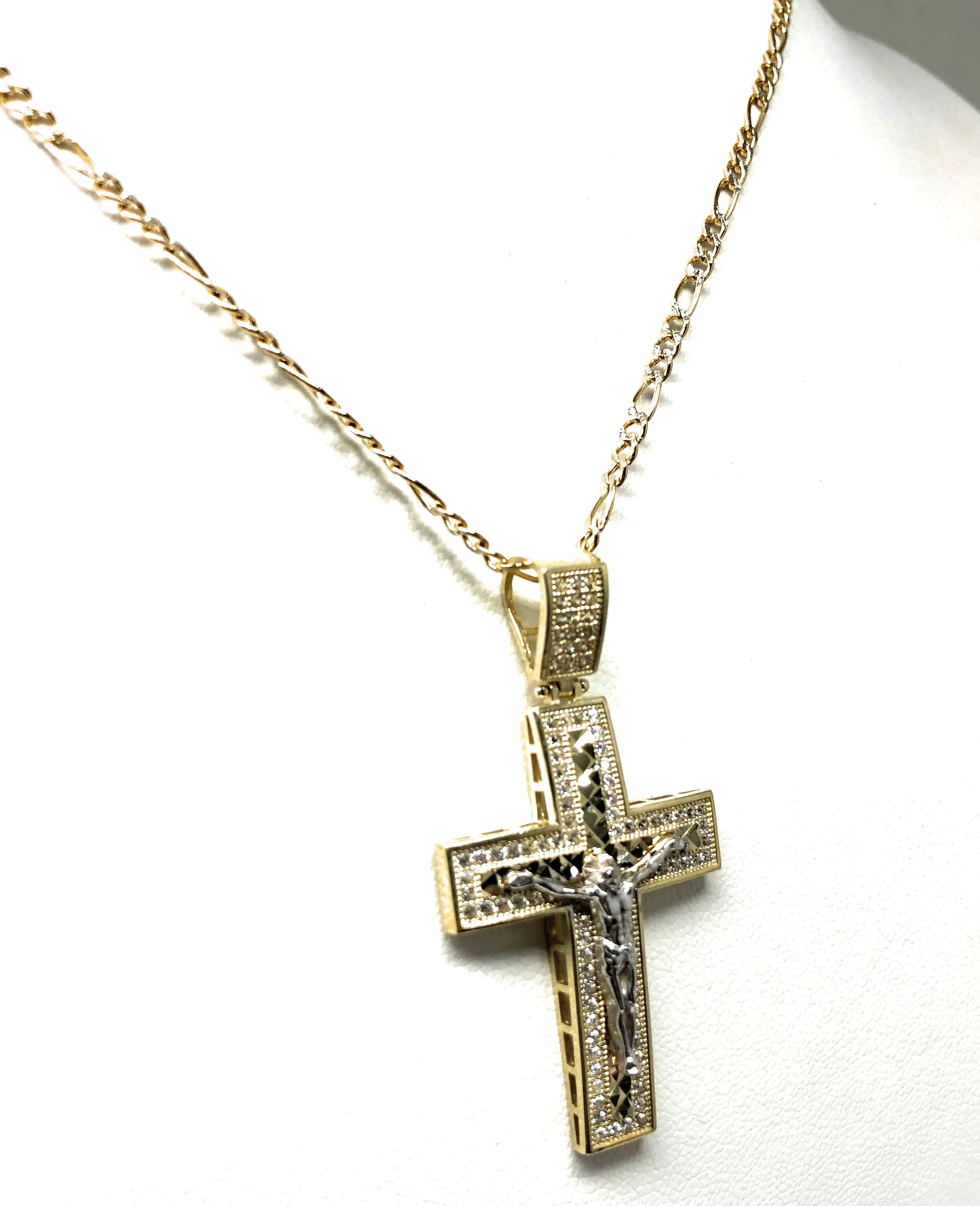 10k Solid Gold Yellow 2-Tone Jesus Cross Crucifix CZ Pendant Necklace