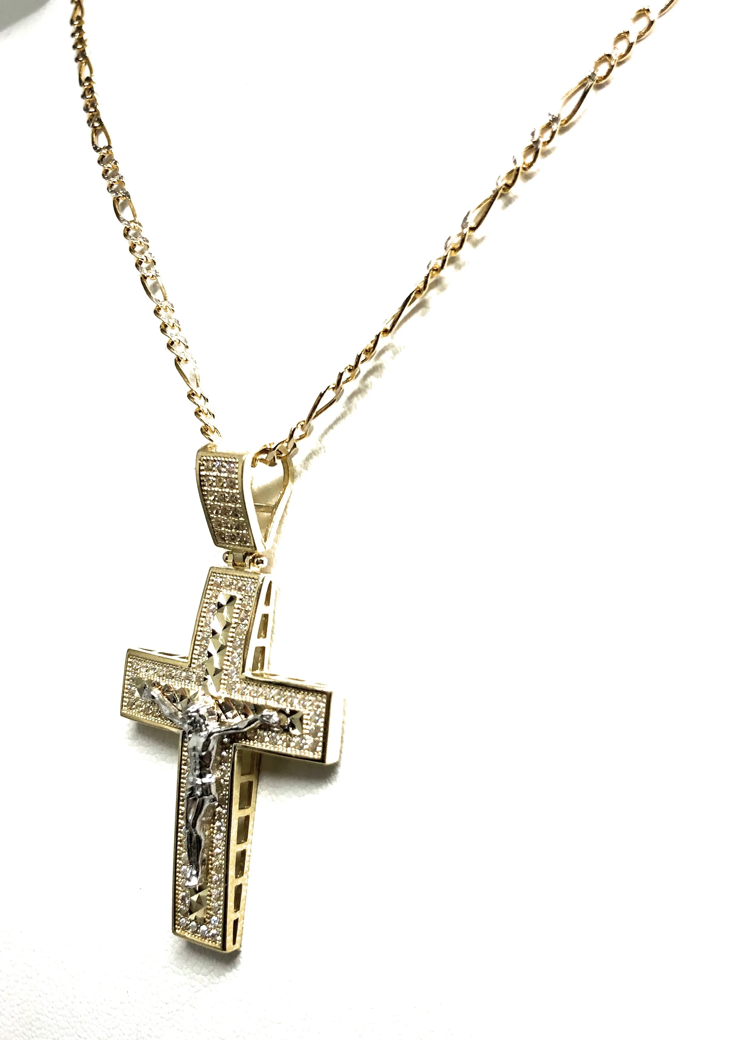 10k Solid Gold Yellow 2-Tone Jesus Cross Crucifix CZ Pendant Necklace