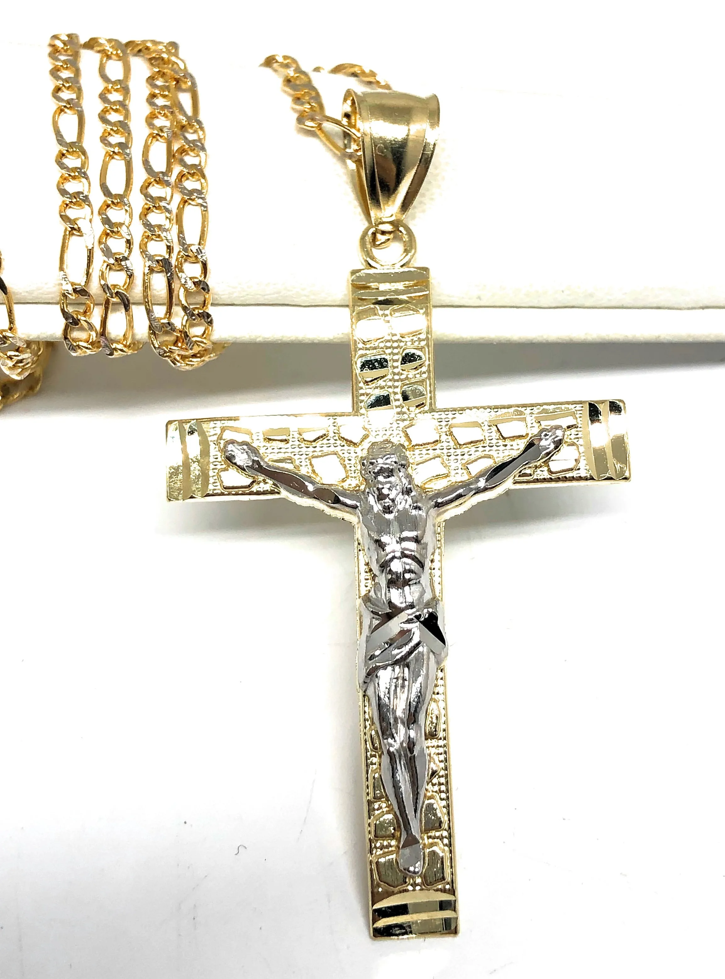 10k Solid Gold Yellow 2-Tone Jesus Cross Crucifix Nugget Pendant Necklace