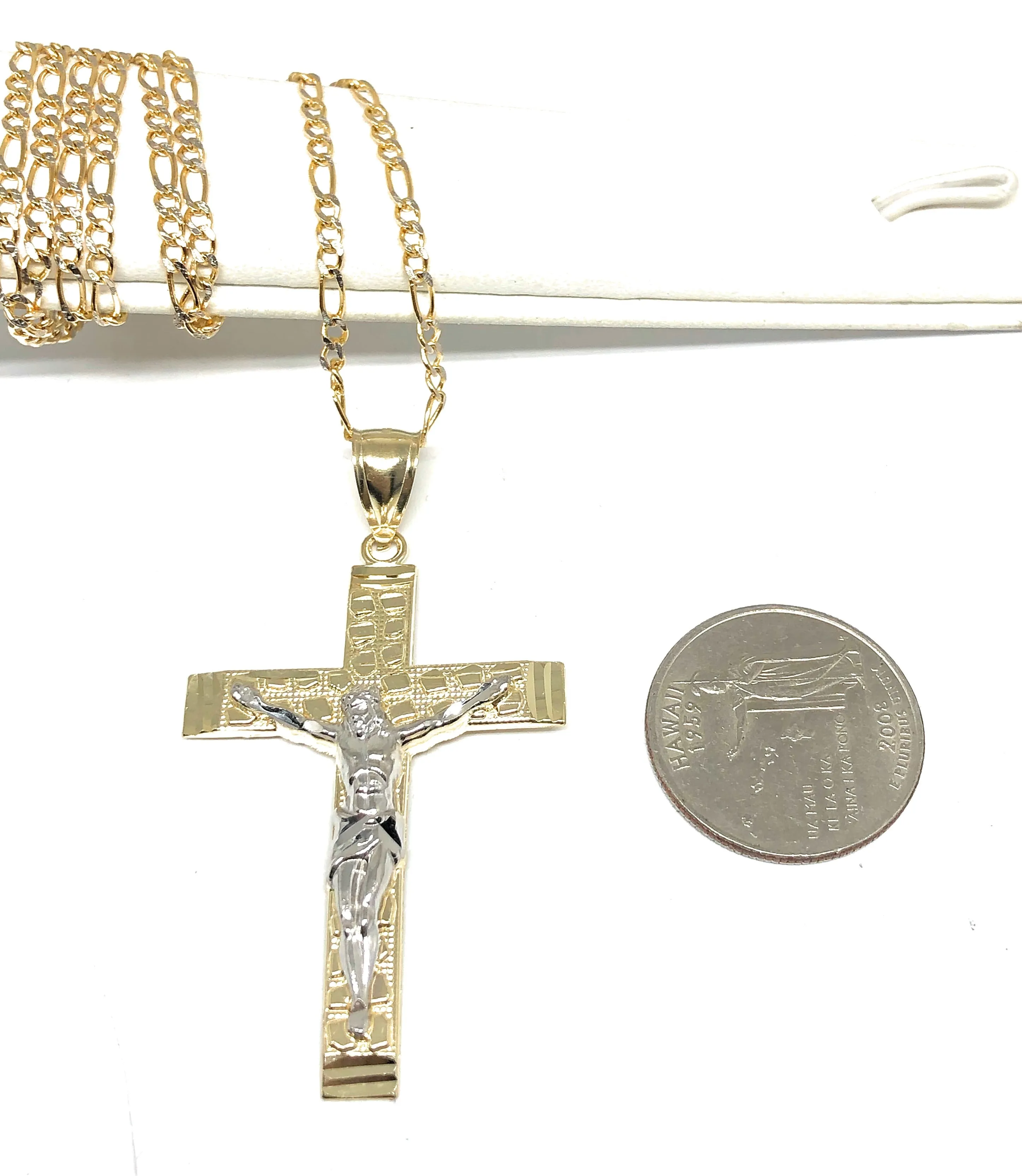 10k Solid Gold Yellow 2-Tone Jesus Cross Crucifix Nugget Pendant Necklace