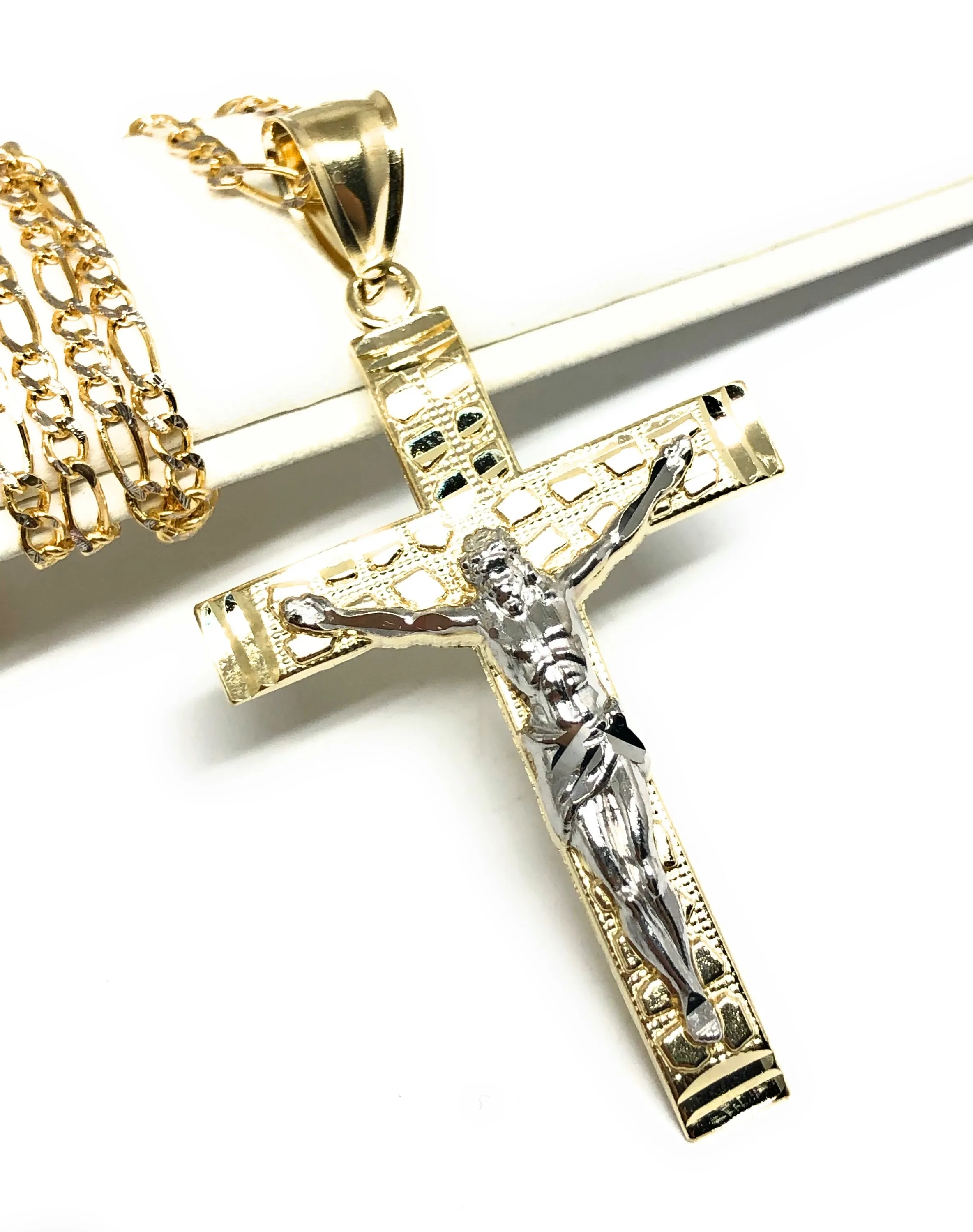 10k Solid Gold Yellow 2-Tone Jesus Cross Crucifix Nugget Pendant Necklace