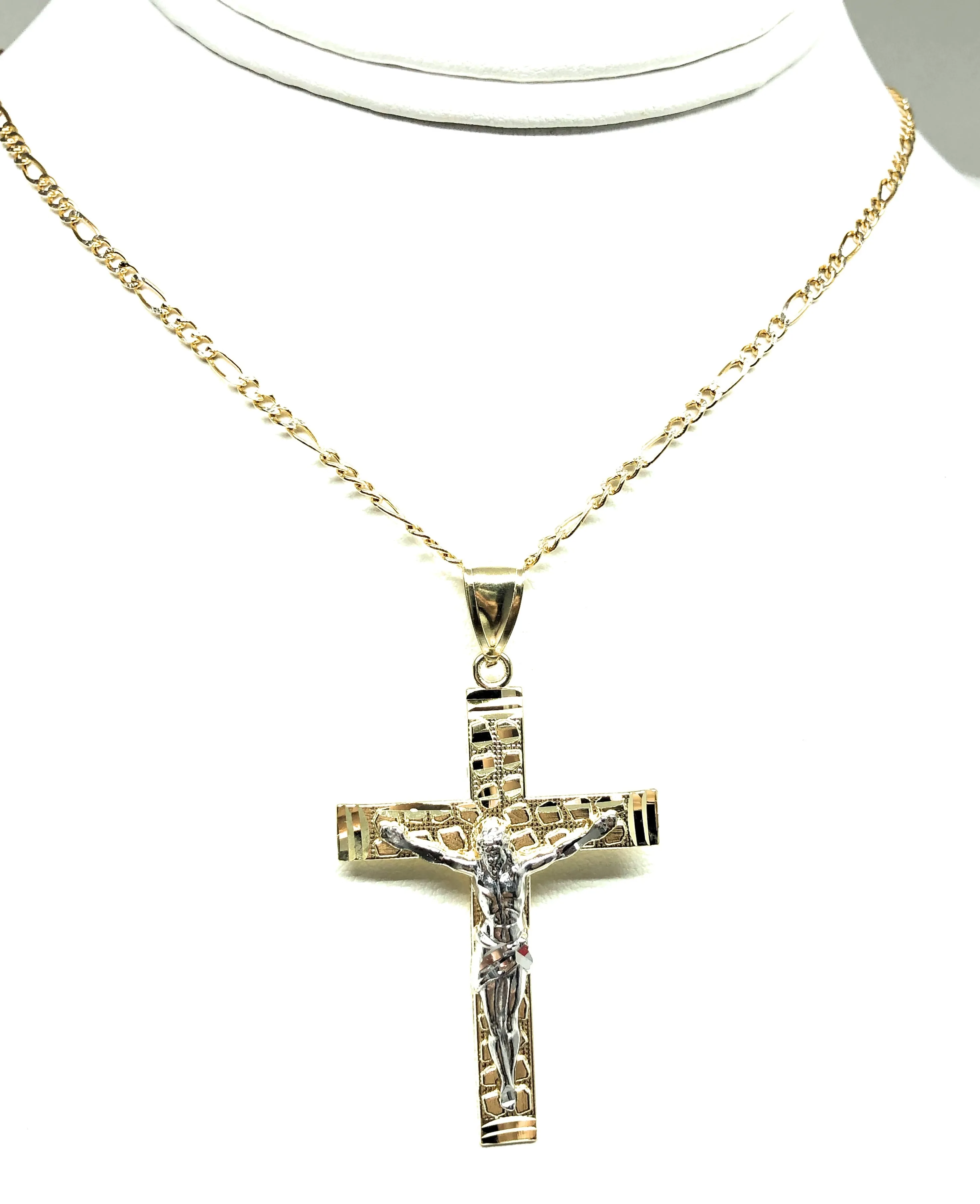 10k Solid Gold Yellow 2-Tone Jesus Cross Crucifix Nugget Pendant Necklace