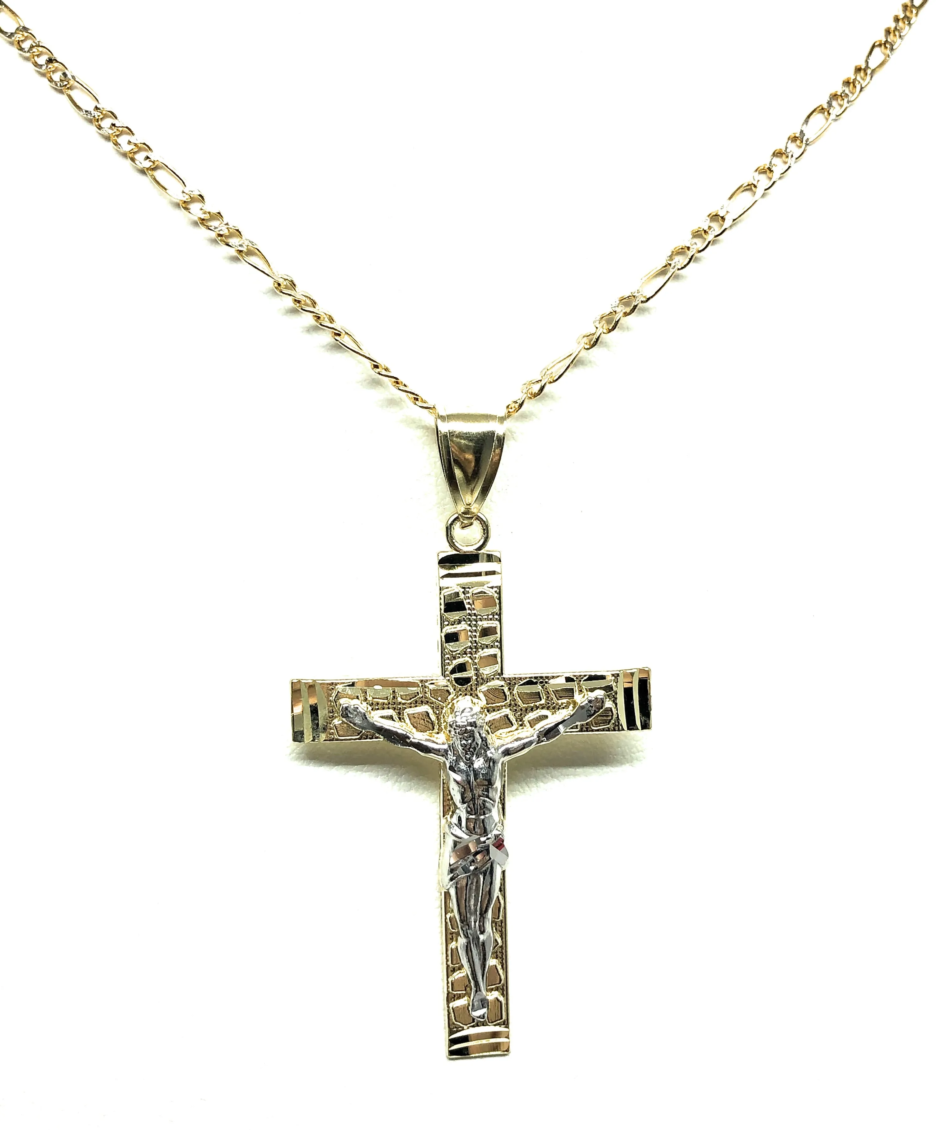 10k Solid Gold Yellow 2-Tone Jesus Cross Crucifix Nugget Pendant Necklace