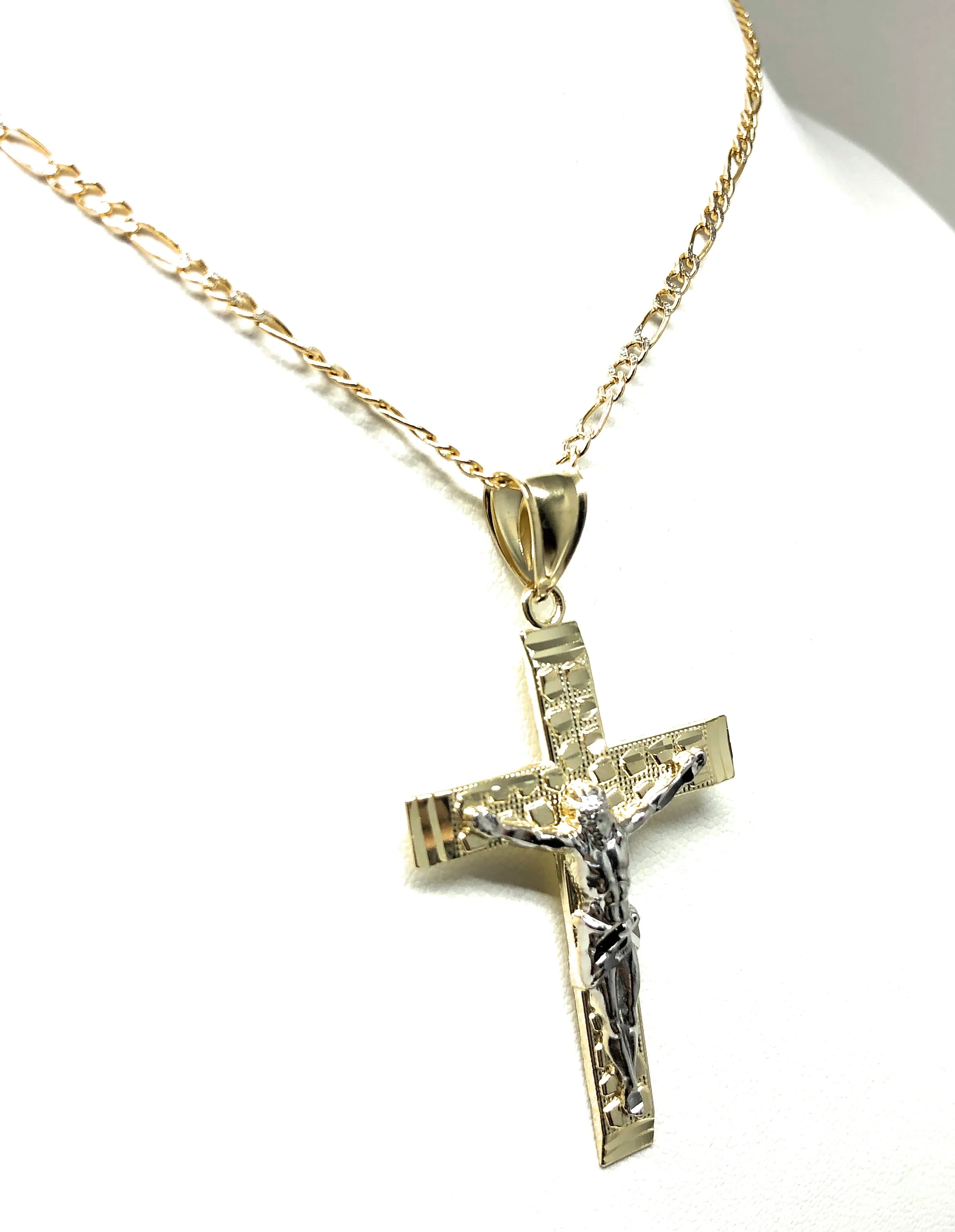 10k Solid Gold Yellow 2-Tone Jesus Cross Crucifix Nugget Pendant Necklace