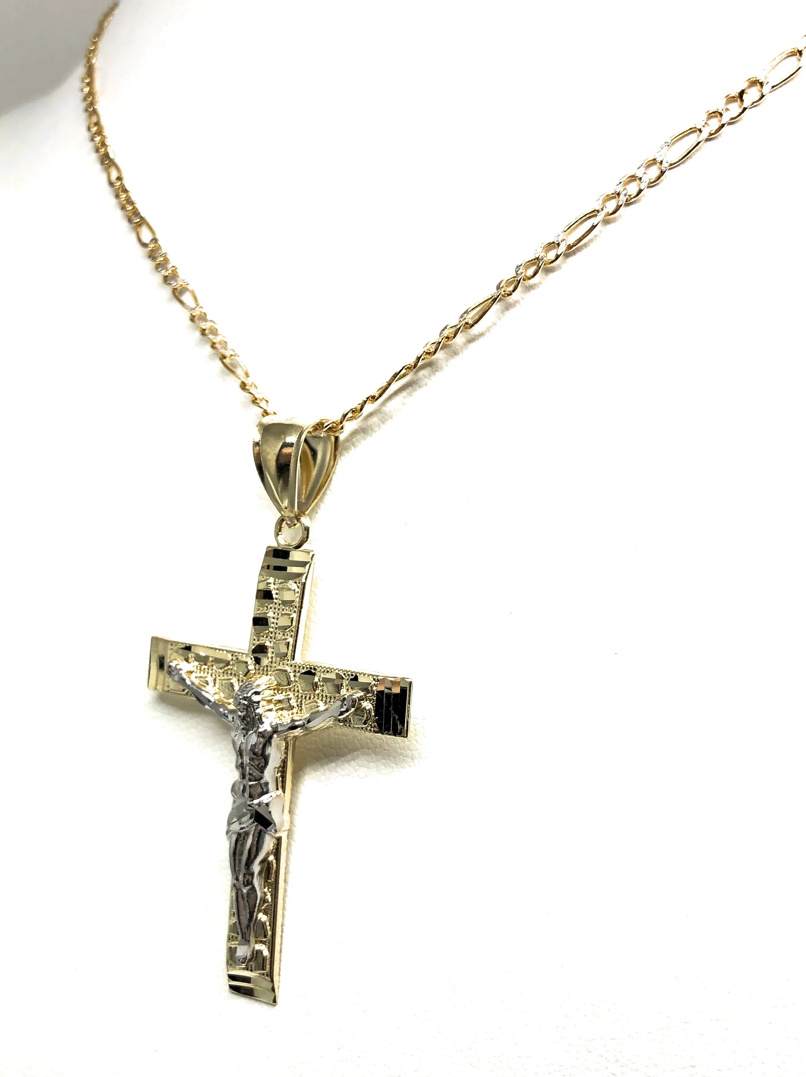 10k Solid Gold Yellow 2-Tone Jesus Cross Crucifix Nugget Pendant Necklace