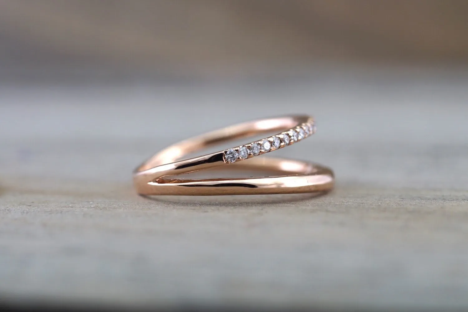 14k Rose Gold Stack Design Dainty Thin Band and Diamond Ring Wedding Engagement Band Brilliant Cut Ring Double Row Curve Open