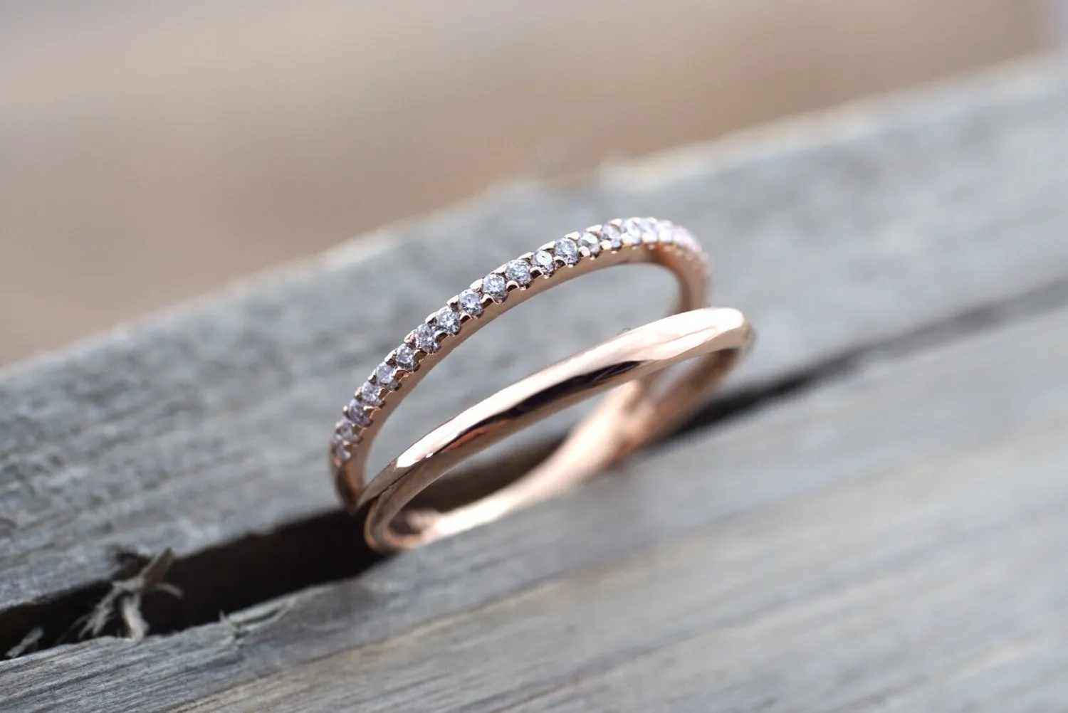 14k Rose Gold Stack Design Dainty Thin Band and Diamond Ring Wedding Engagement Band Brilliant Cut Ring Double Row Curve Open