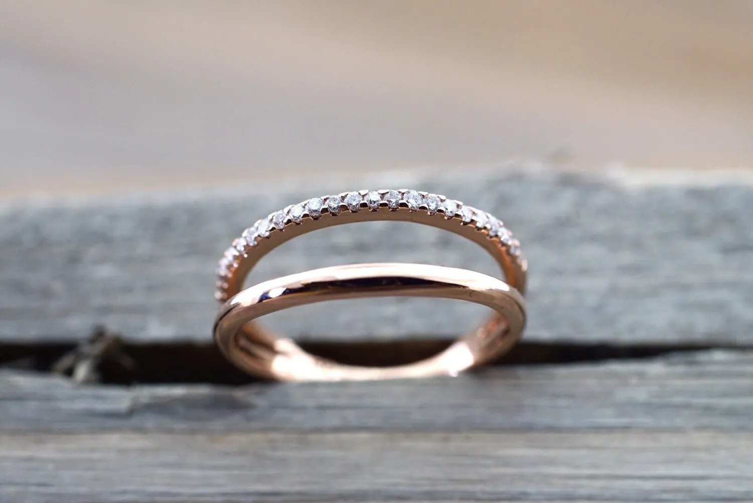 14k Rose Gold Stack Design Dainty Thin Band and Diamond Ring Wedding Engagement Band Brilliant Cut Ring Double Row Curve Open