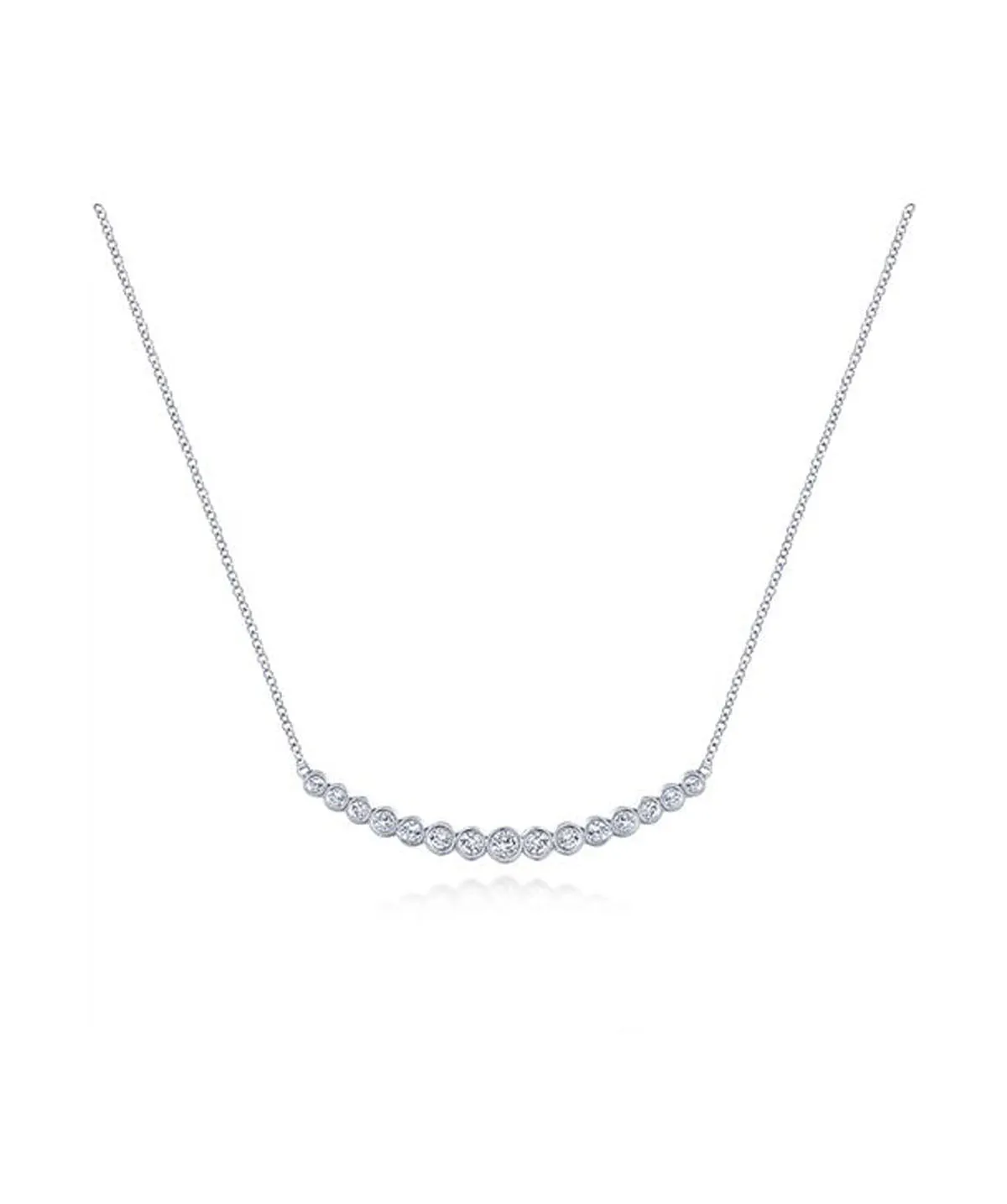 14K White Gold Curved Bar Necklace with Bezel Set Round Diamonds