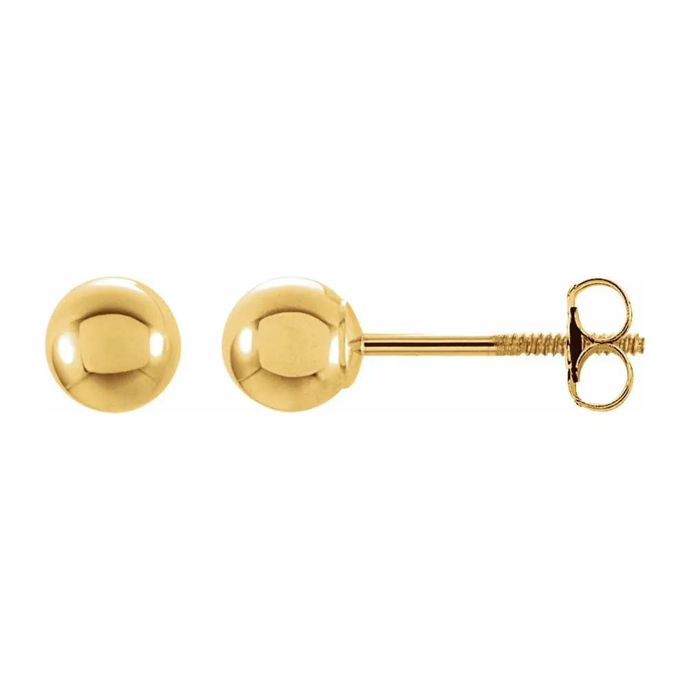 14K Yellow Gold Hollow Ball Screw Back Stud Earrings, 3mm to 6mm