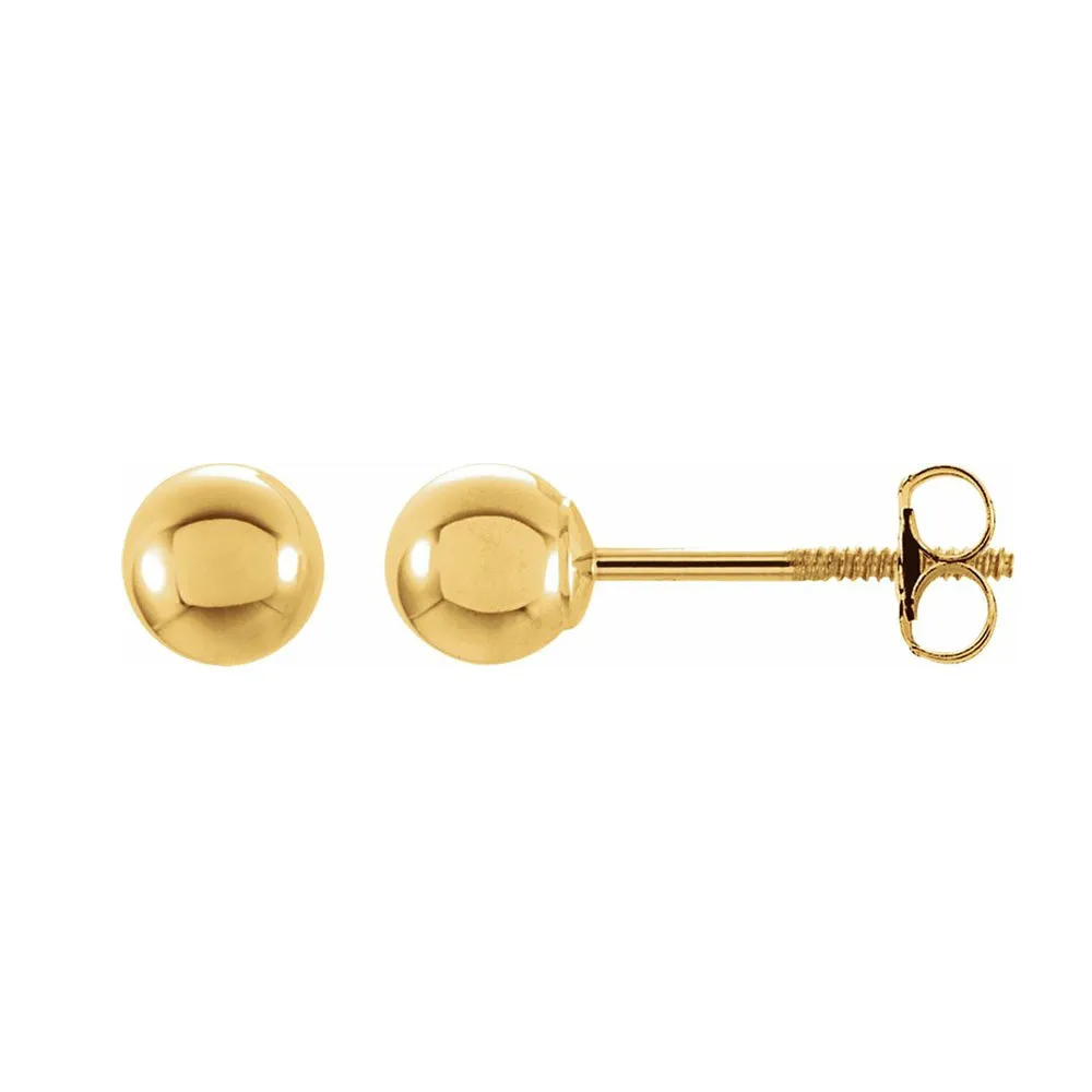 14K Yellow Gold Hollow Ball Screw Back Stud Earrings, 3mm to 6mm