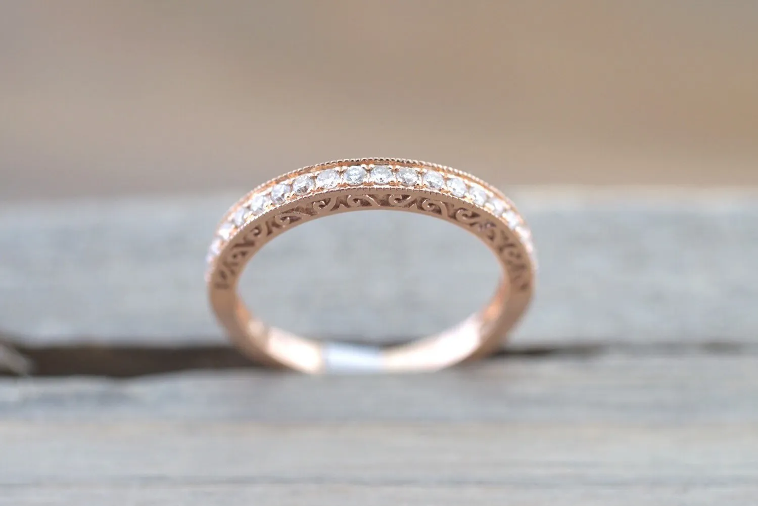 14kt Rose Gold Diamond Milgrain Etching Vintage Wedding Engagement Anniversary Band Ring Filigree Vine