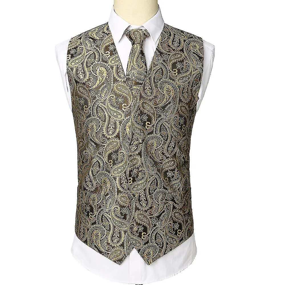 3pcs Formal Men Vest Suit Wedding Printed Pattern Chest Tie