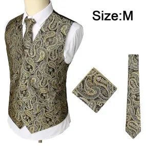 3pcs Formal Men Vest Suit Wedding Printed Pattern Chest Tie