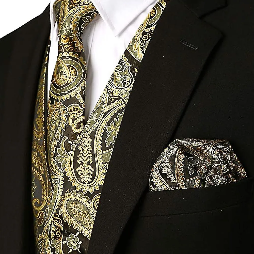 3pcs Formal Men Vest Suit Wedding Printed Pattern Chest Tie