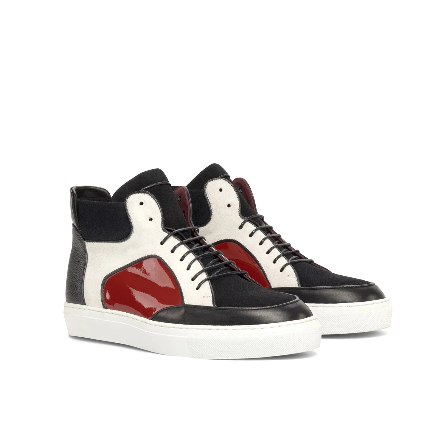 Ambrogio Bespoke Men's Shoes Black, White & Red Multi-Material Leather High-Top Sneakers (AMB2249)