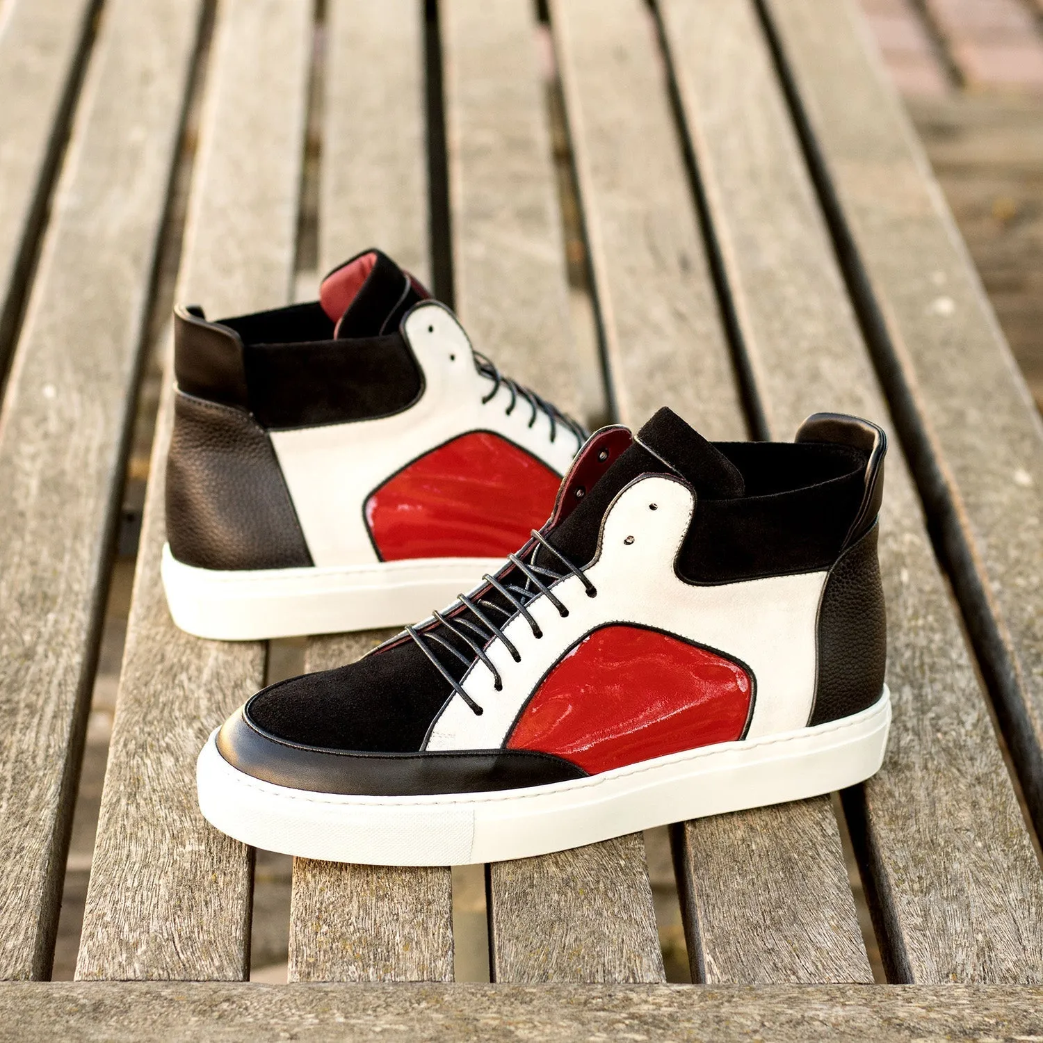 Ambrogio Bespoke Men's Shoes Black, White & Red Multi-Material Leather High-Top Sneakers (AMB2249)