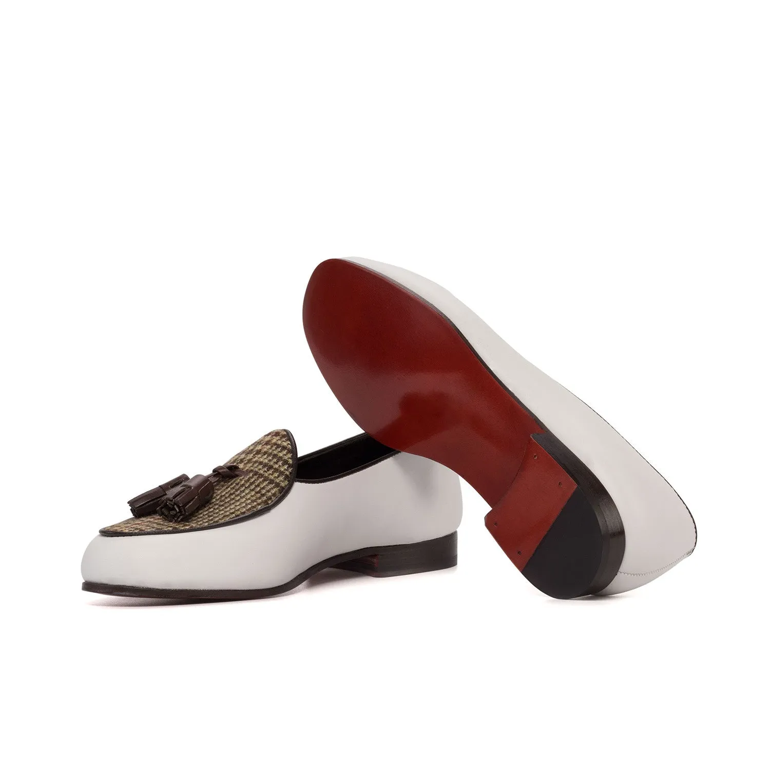 Ambrogio Bespoke Men's Shoes Brown & White Calf-Skin Leather / Fabric Tassels Belgian Slipper (AMB2283)