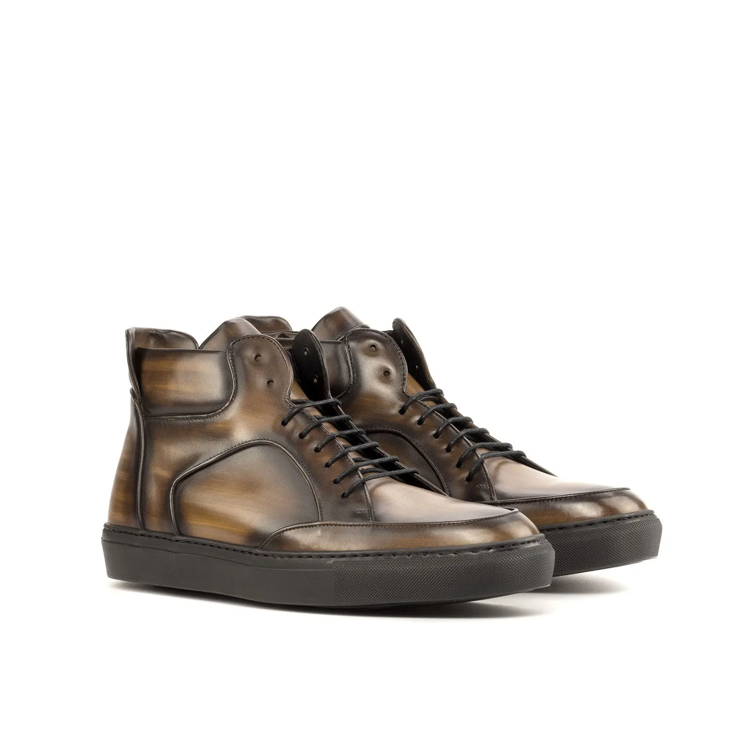 Ambrogio Bespoke Men's Shoes Brown Patina Leather High-Top Sneakers (AMB2247)