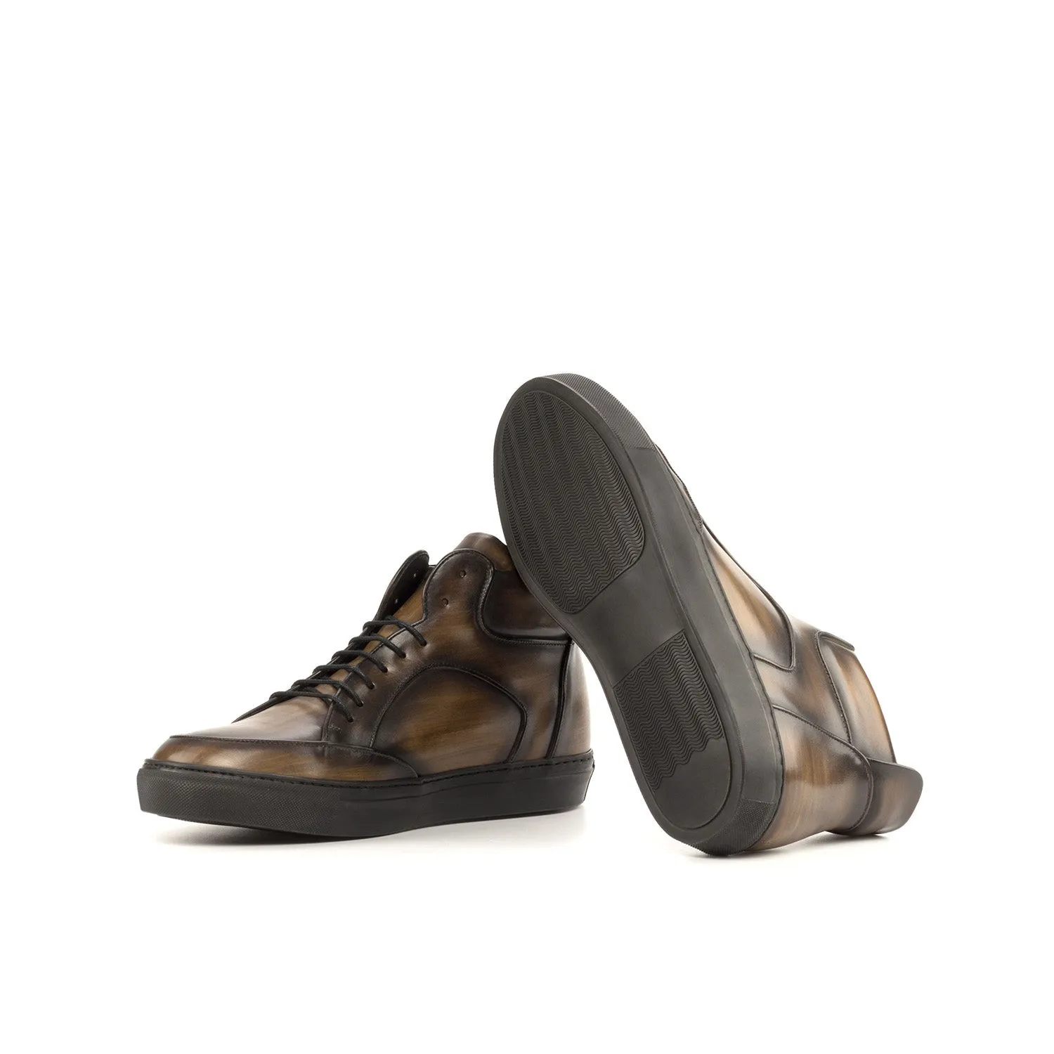 Ambrogio Bespoke Men's Shoes Brown Patina Leather High-Top Sneakers (AMB2247)