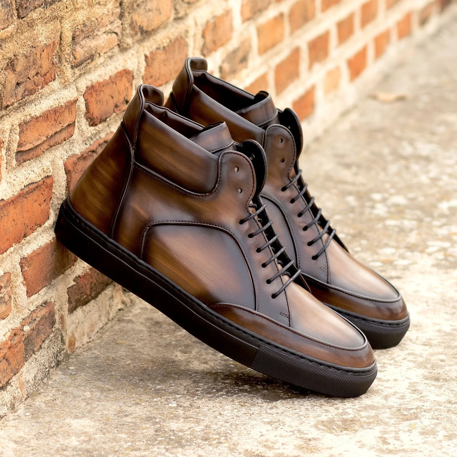 Ambrogio Bespoke Men's Shoes Brown Patina Leather High-Top Sneakers (AMB2247)