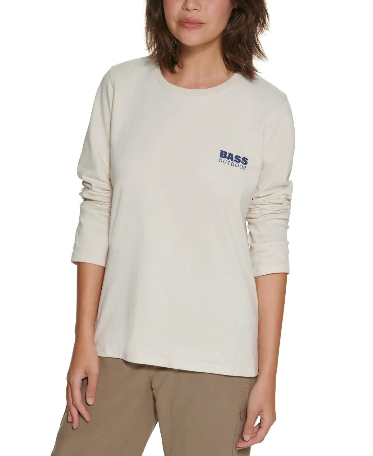 Bass Outdoor Women's Logo Graphic Long Sleeve Crew Neck T-Shirt Beige Size Large