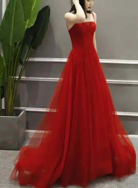 Beautiful Red Straps Tulle Elegant Formal Gowns, Red Party Dresses, Red Formal Gowns