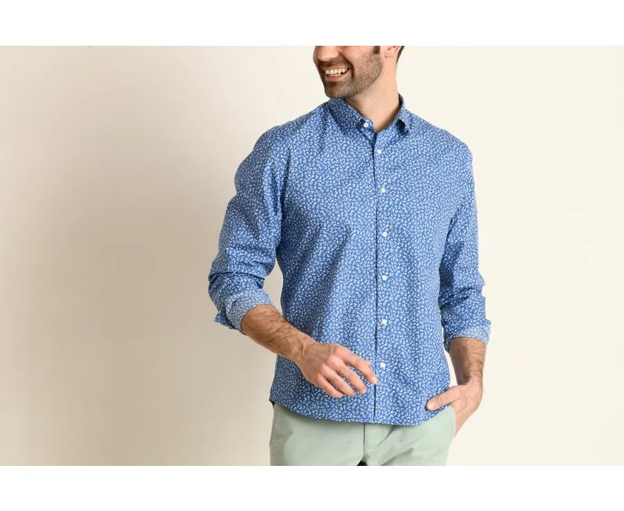 Blue printed shirt with white flowers - Straight collar - MATHURIN