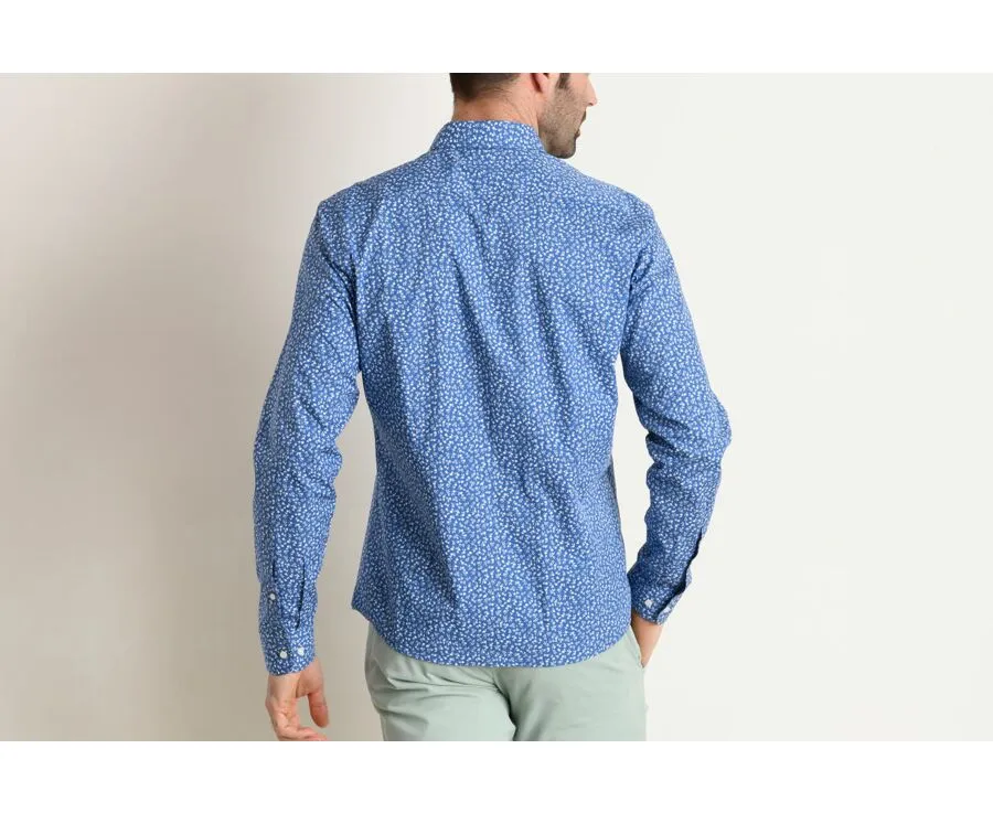 Blue printed shirt with white flowers - Straight collar - MATHURIN