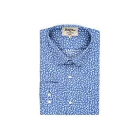 Blue printed shirt with white flowers - Straight collar - MATHURIN