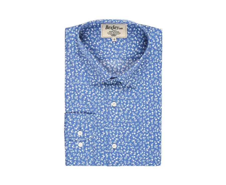 Blue printed shirt with white flowers - Straight collar - MATHURIN