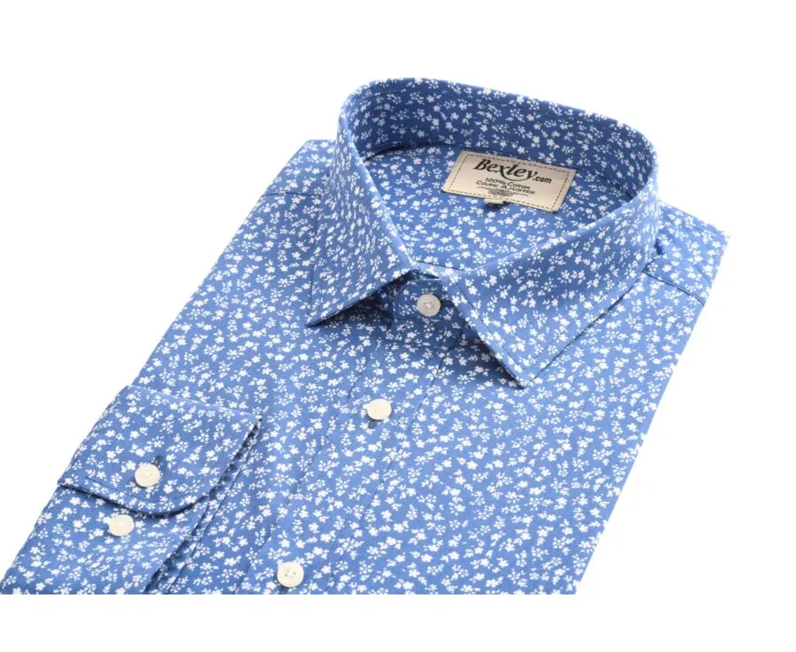 Blue printed shirt with white flowers - Straight collar - MATHURIN