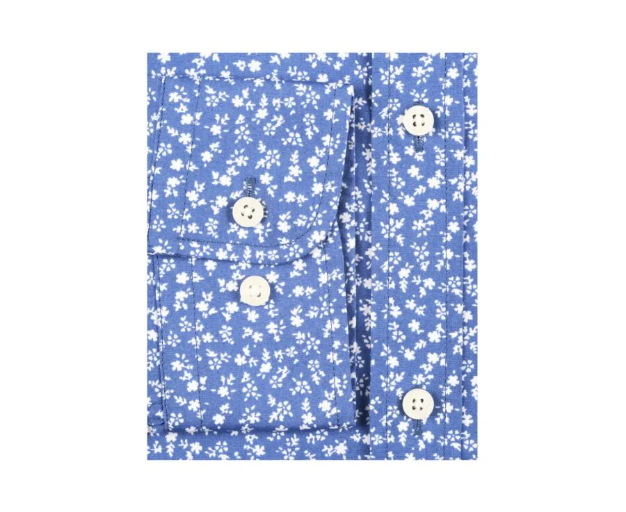 Blue printed shirt with white flowers - Straight collar - MATHURIN