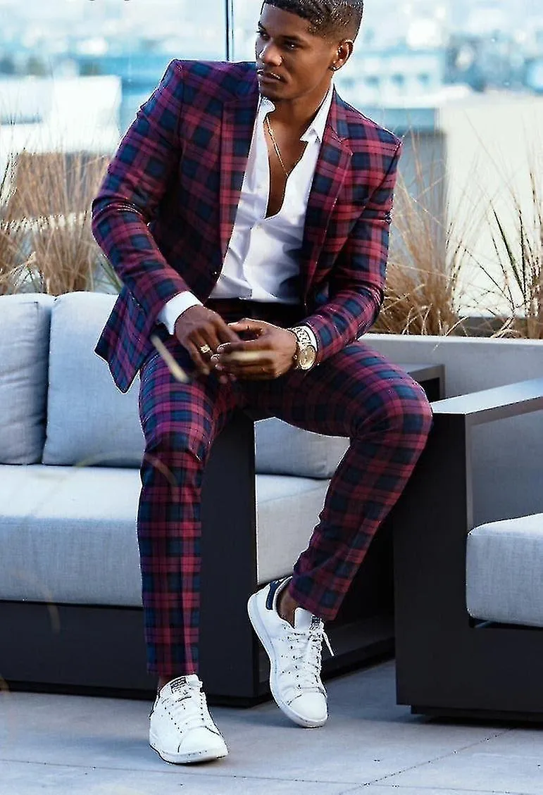 Breasted Plaid Blazer Jacket Men Tuxedos Wedding 2 Piece Prom Suits