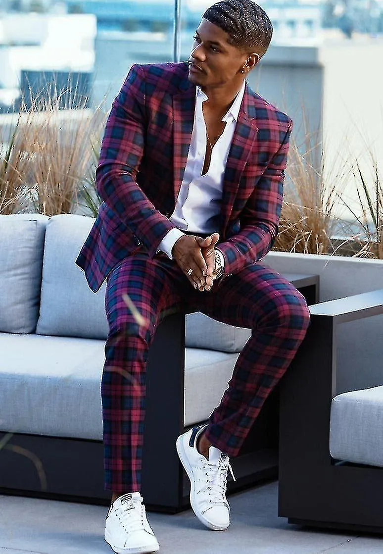 Breasted Plaid Blazer Jacket Men Tuxedos Wedding 2 Piece Prom Suits