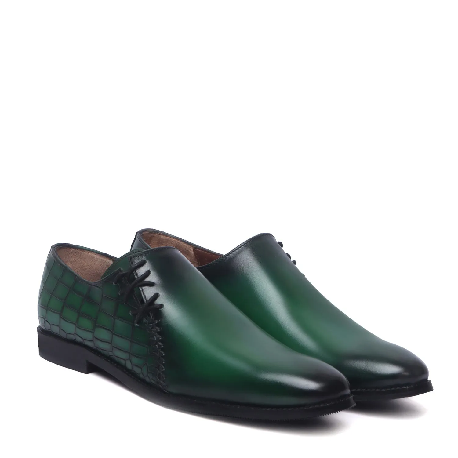 Burnished Green Cross Stitched Side Lacing with Quarter Smokey Croco Leather Shoes by Brune & Bareskin