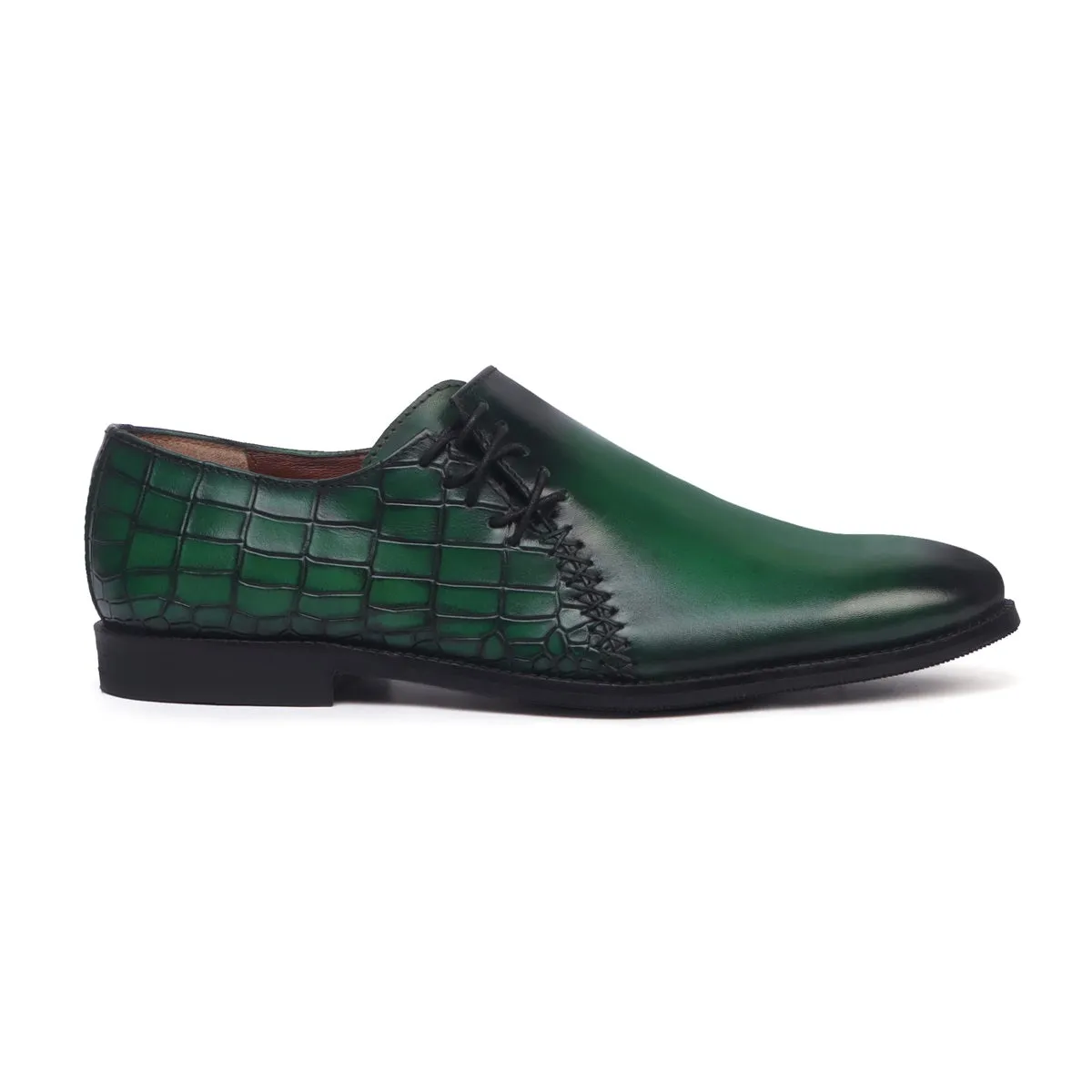 Burnished Green Cross Stitched Side Lacing with Quarter Smokey Croco Leather Shoes by Brune & Bareskin